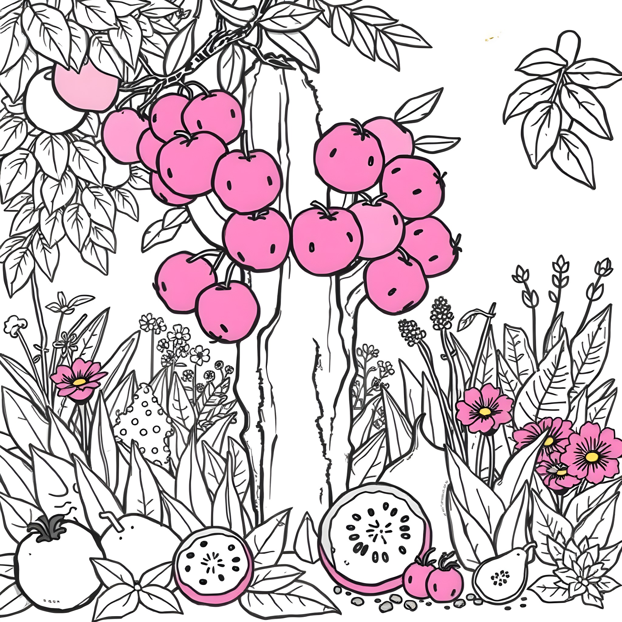 Cactus with Vibrant Fruits in Lush Foliage Coloring Page (free black-and-white line drawing printable PDF for all, from beginners to advanced learners, including children, teens, adults, and seniors)