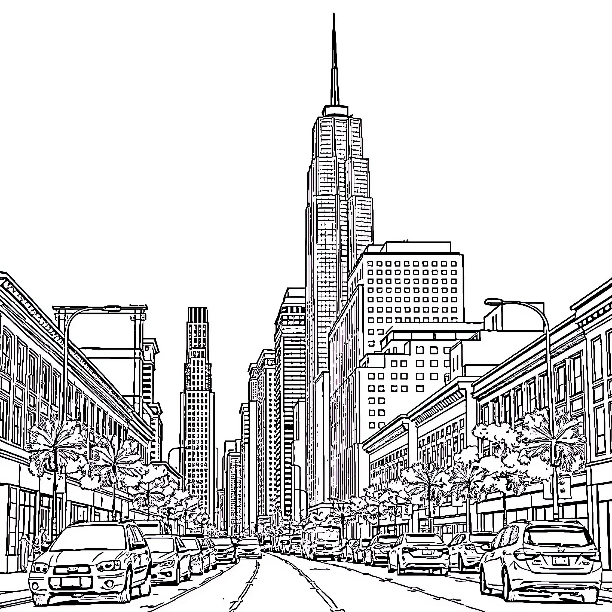 Building in a bustling urban cityscape Coloring Page (free black-and-white line drawing printable PDF for all, from beginners to advanced learners, including children, teens, adults, and seniors)