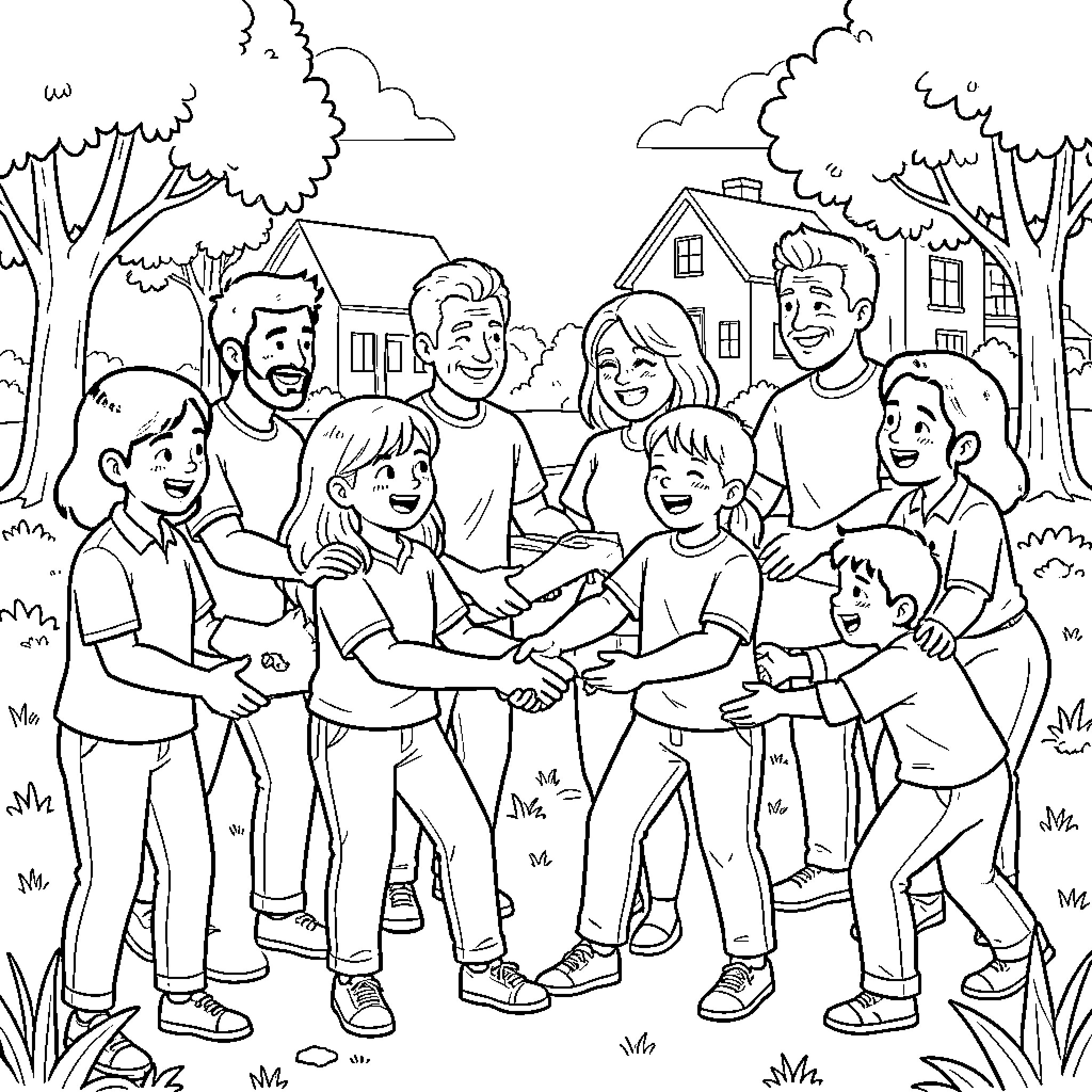 Gotong Royong: Community Gathering with Joyful Togetherness Coloring Page (free black-and-white line drawing printable PDF for all, from beginners to advanced learners, including children, teens, adults, and seniors)