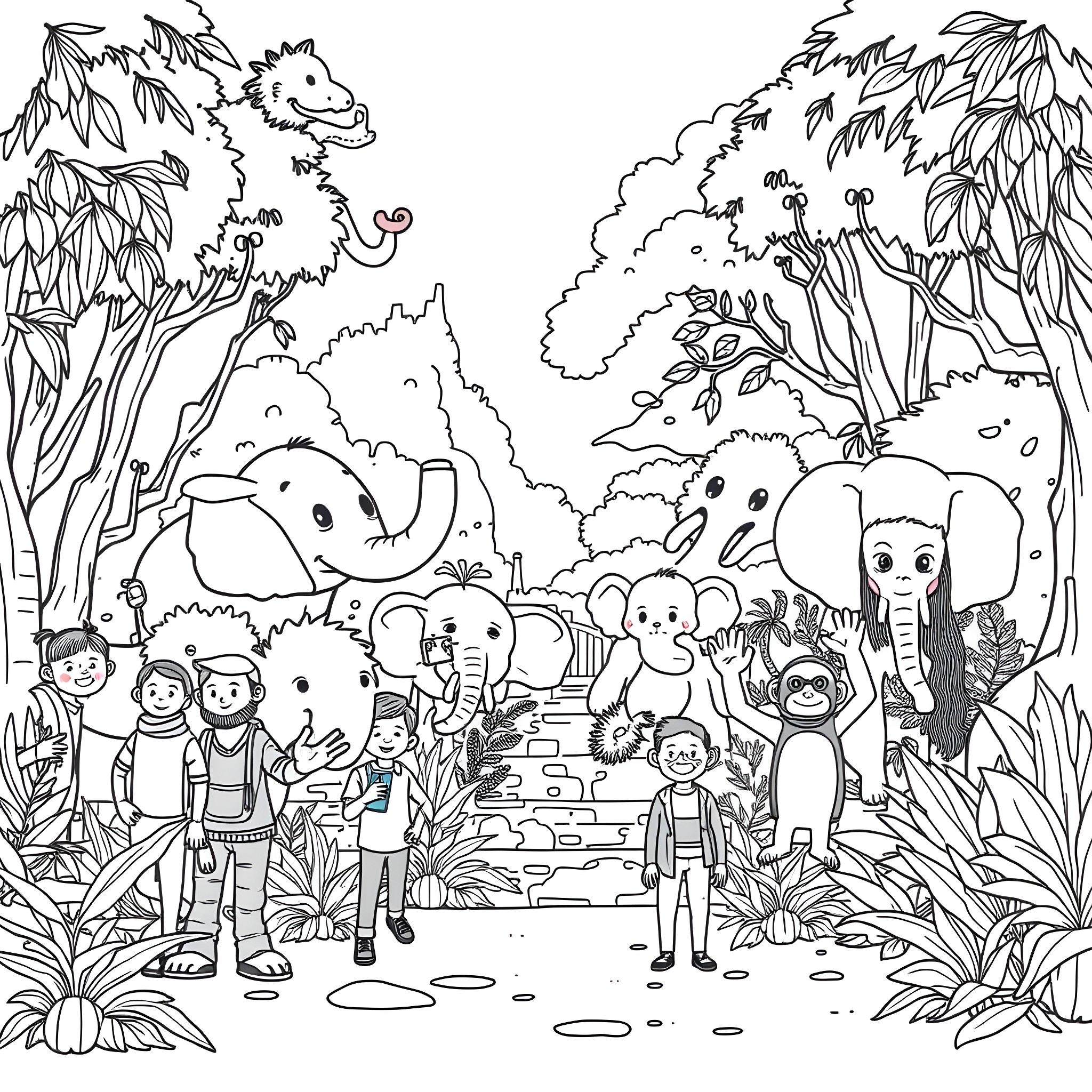Zoo adventure with diverse animal friends Coloring Page (free black-and-white line drawing printable PDF for all, from beginners to advanced learners, including children, teens, adults, and seniors)