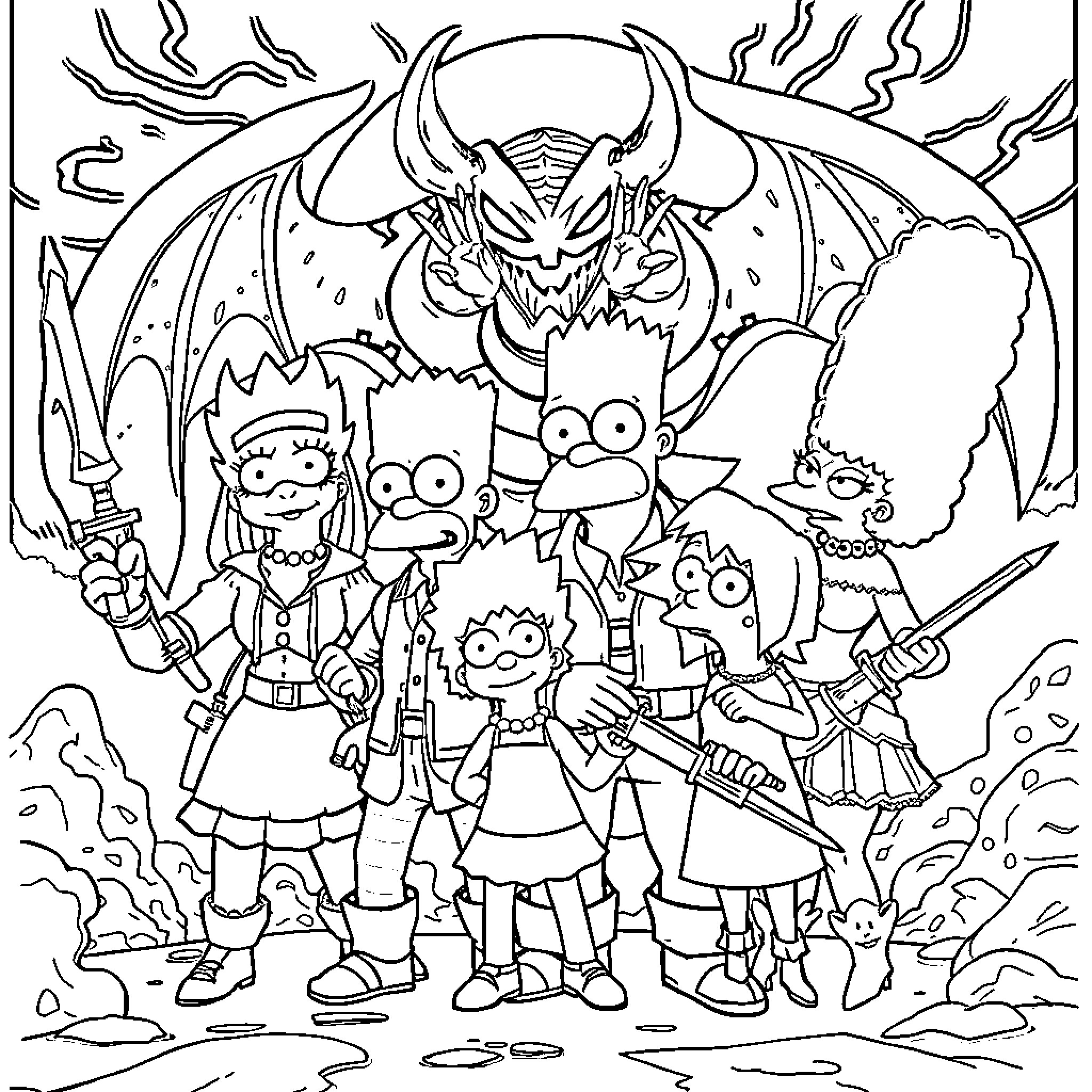 Demon Hunter Family Battling Fierce Creature Coloring Page (free black-and-white line drawing printable PDF for all, from beginners to advanced learners, including children, teens, adults, and seniors)