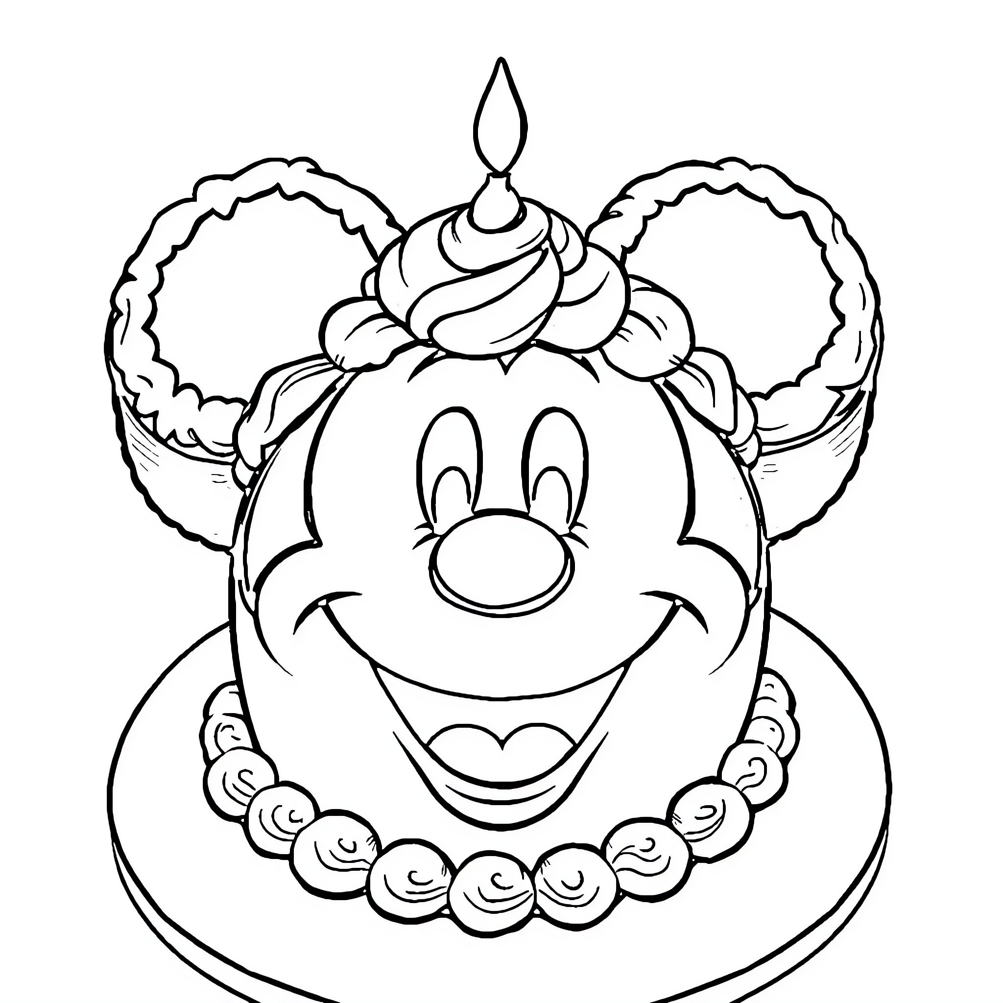 Mickey Mouse's Delightful Birthday Cake Coloring Page (free black-and-white line drawing printable PDF for all, from beginners to advanced learners, including children, teens, adults, and seniors)