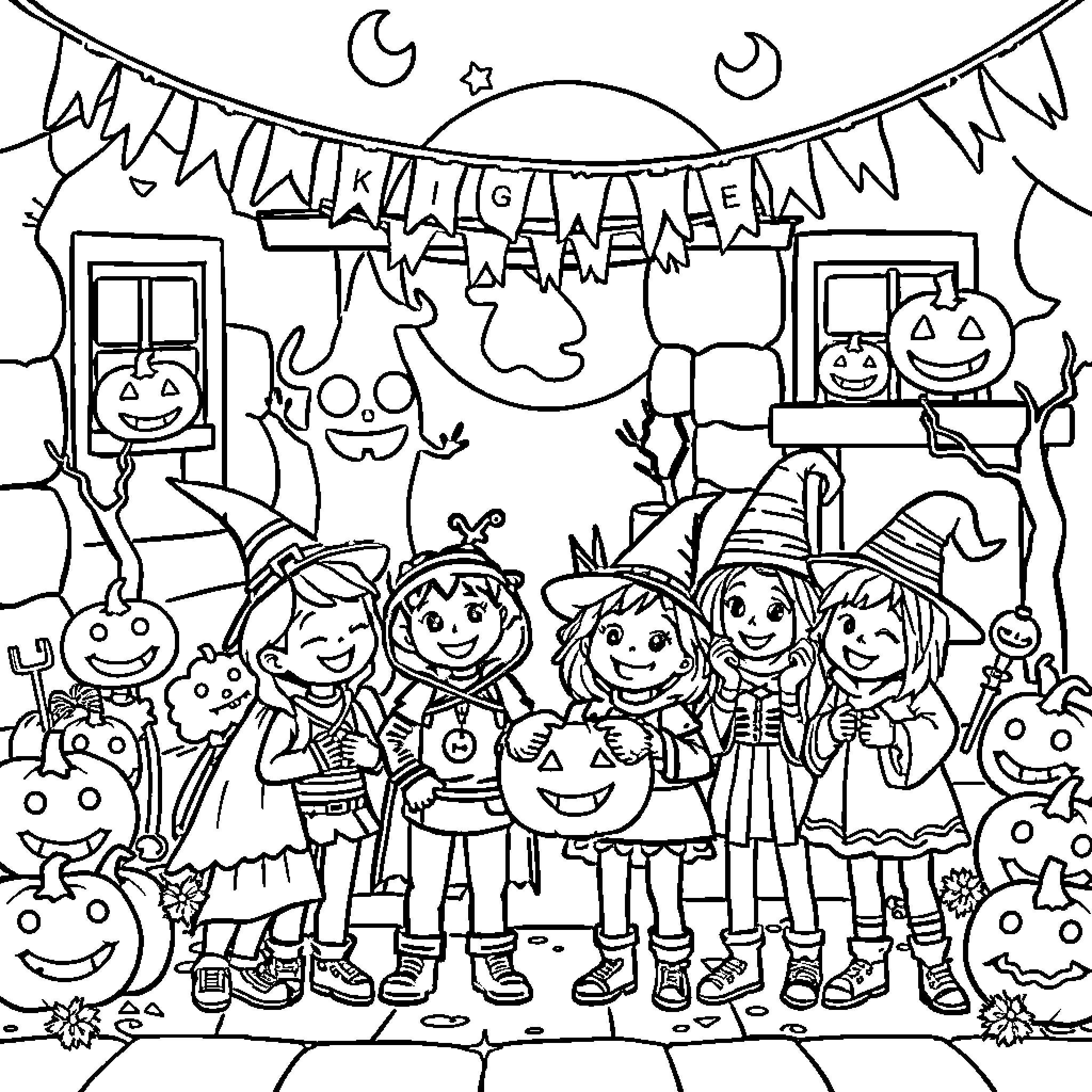 Halloween Celebration with Costumed Children and Decorations Coloring Page (free black-and-white line drawing printable PDF for all, from beginners to advanced learners, including children, teens, adults, and seniors)