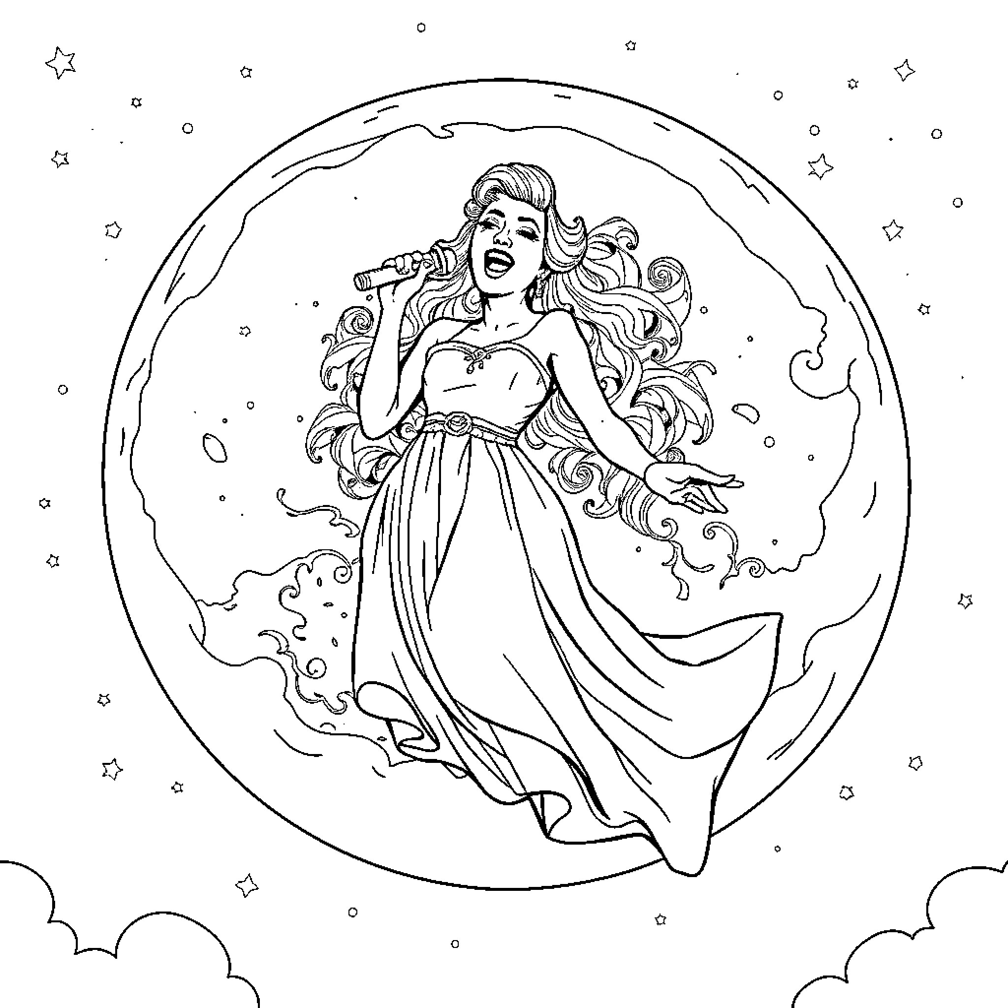 Lady Gaga performing on stage with elaborate dress and hairstyle Coloring Page (free black-and-white line drawing printable PDF for all, from beginners to advanced learners, including children, teens, adults, and seniors)