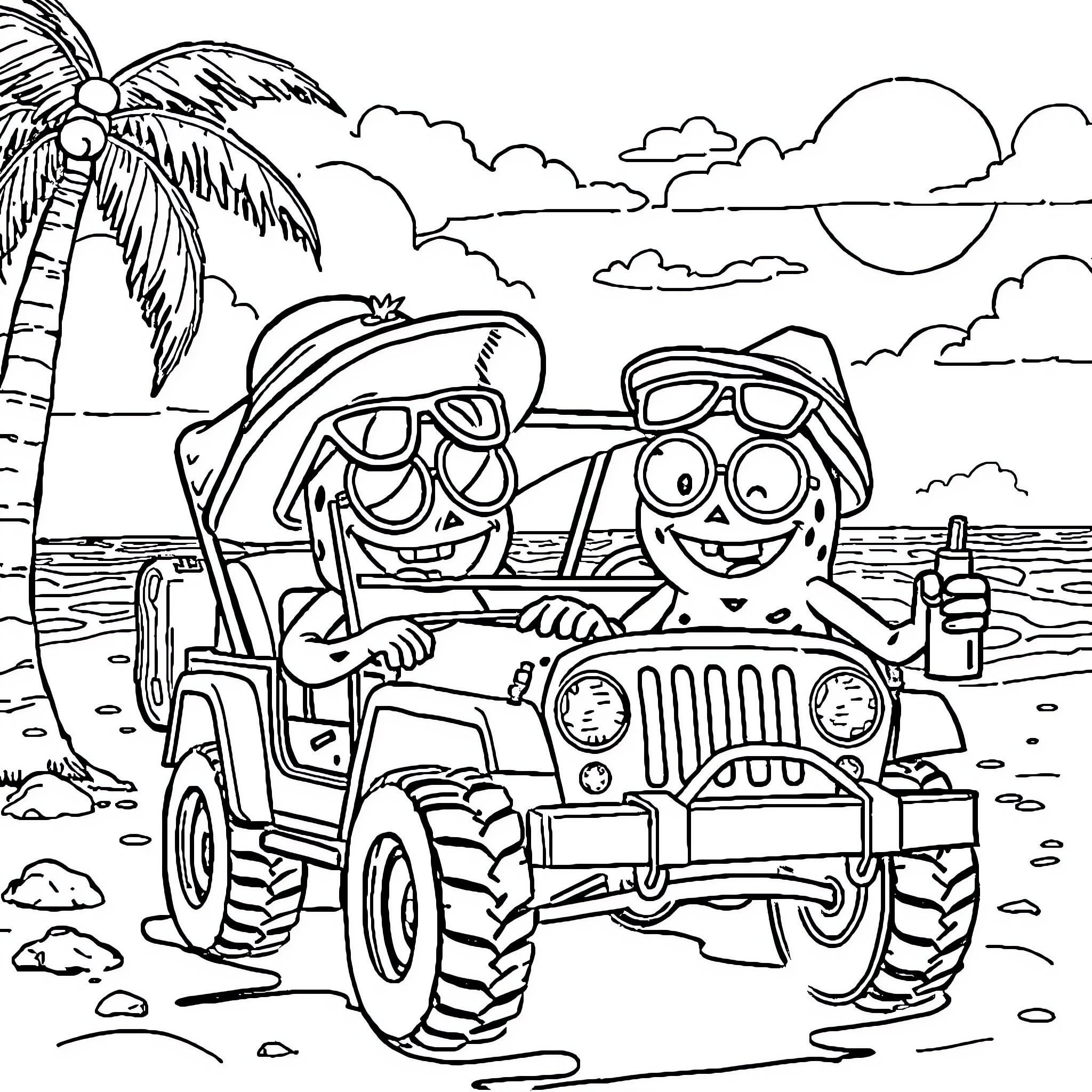 Jeepers Creepers Driving a Goofy Beach Buggy Coloring Page (free black-and-white line drawing printable PDF for all, from beginners to advanced learners, including children, teens, adults, and seniors)