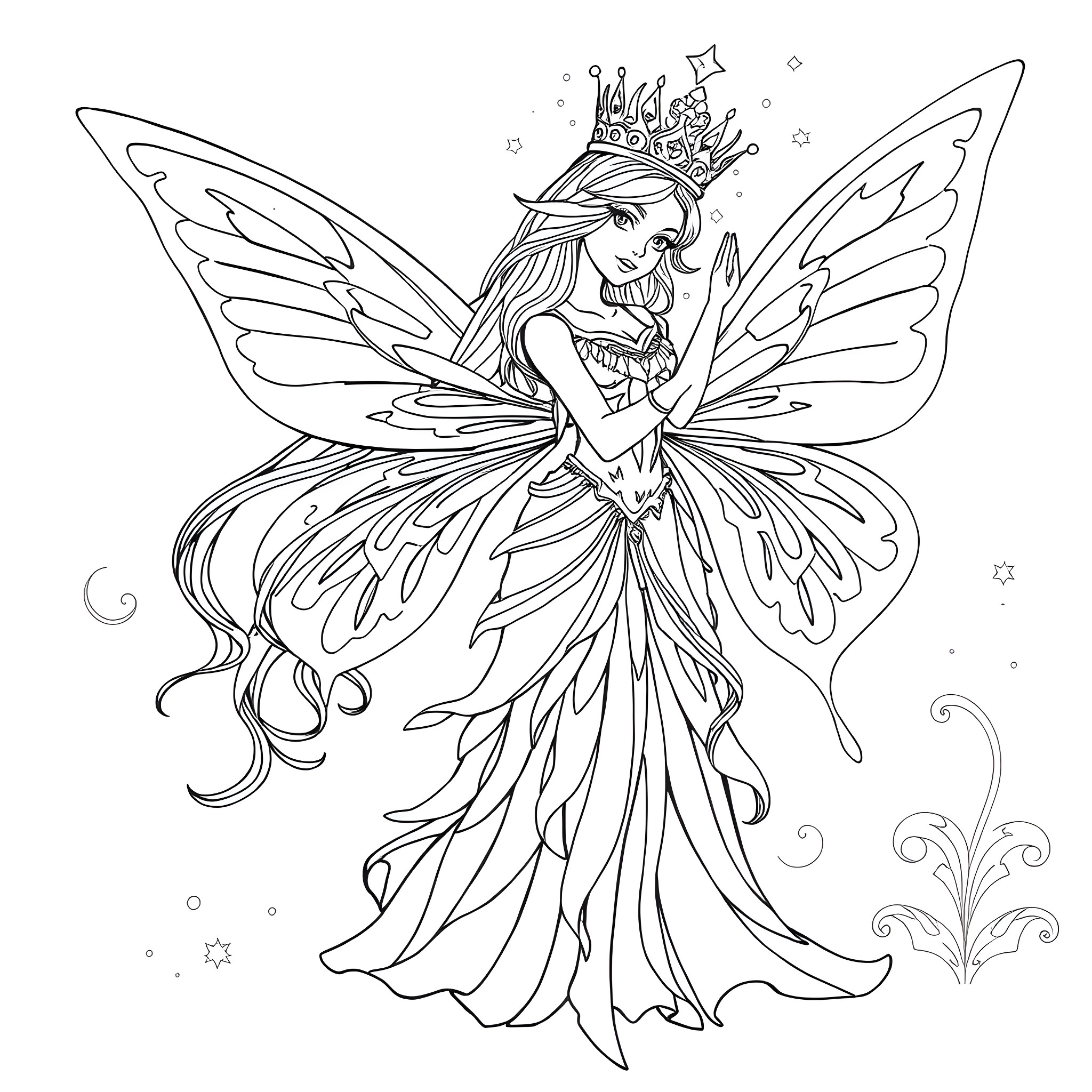 Fairy Queen with Elegant Wings and Flowing Dress Coloring Page (free black-and-white line drawing printable PDF for all, from beginners to advanced learners, including children, teens, adults, and seniors)