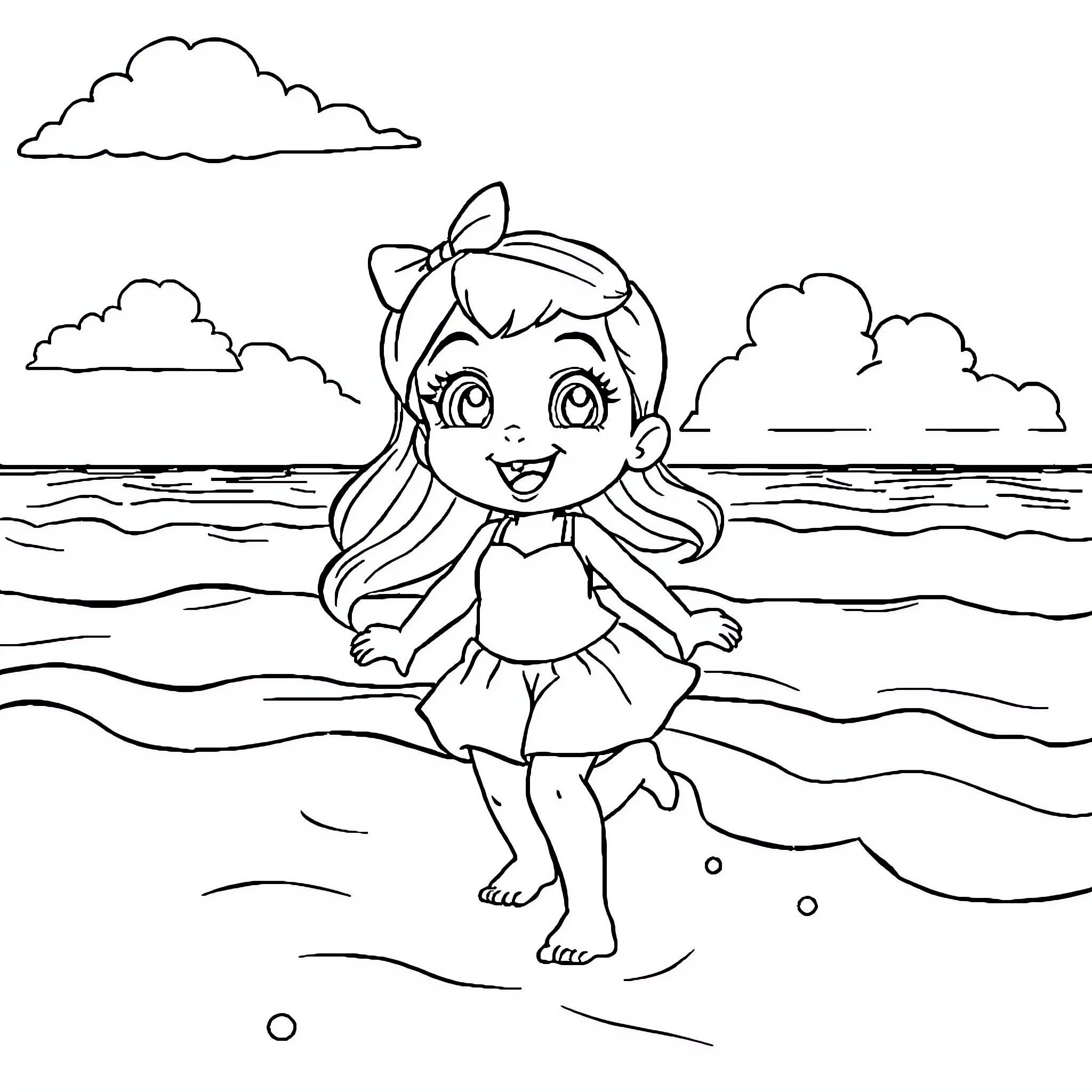 Gabby playing joyfully at the beach Coloring Page (free black-and-white line drawing printable PDF for all, from beginners to advanced learners, including children, teens, adults, and seniors)