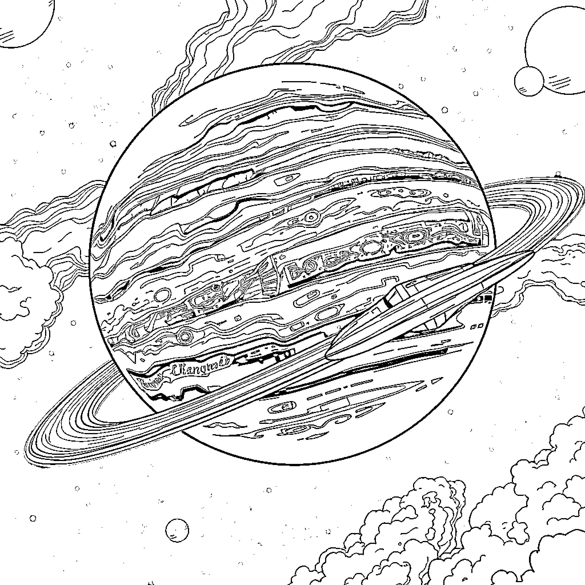 Jupiter's Majestic Storm and Swirling Atmosphere Coloring Page (free black-and-white line drawing printable PDF for all, from beginners to advanced learners, including children, teens, adults, and seniors)