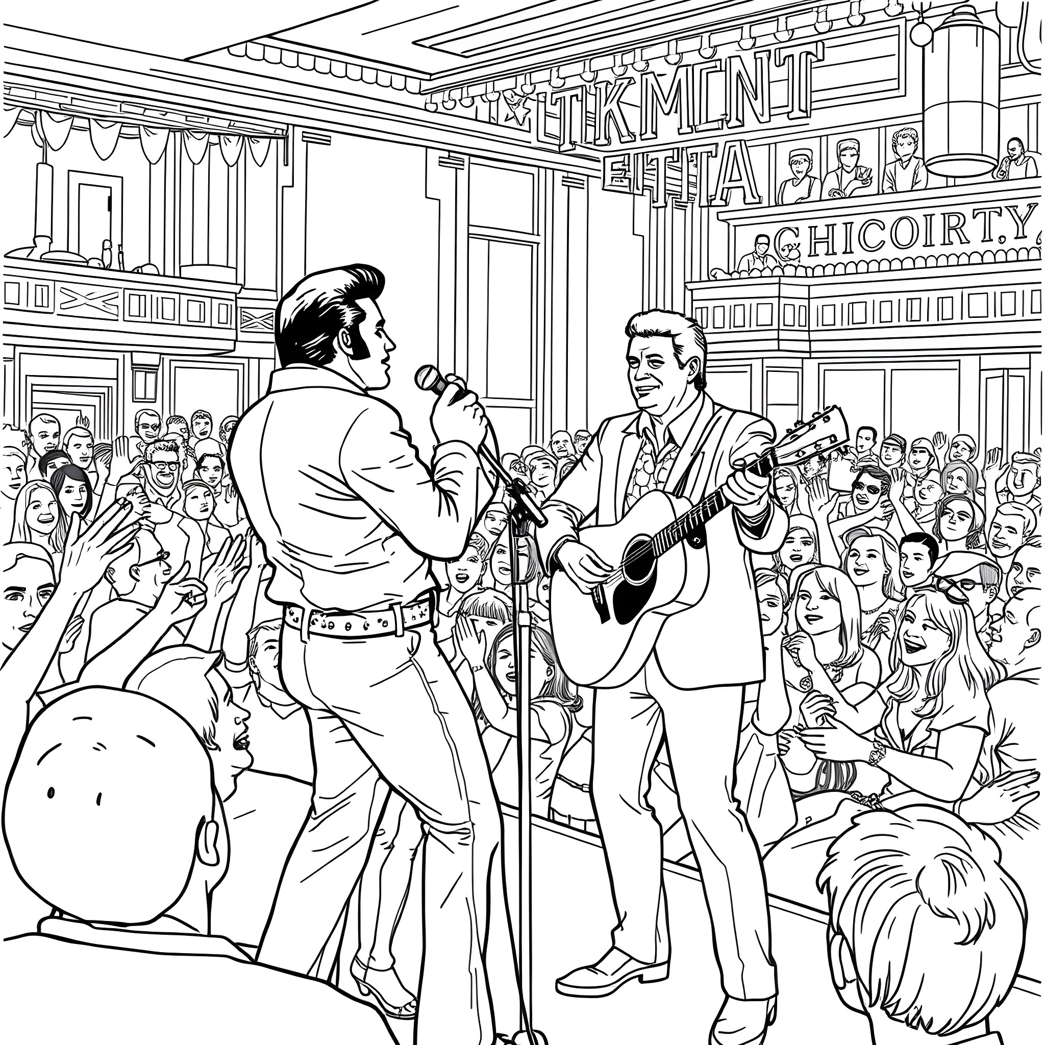 Elvis Performs Energetic Concert for Adoring Crowd Coloring Page (free black-and-white line drawing printable PDF for all, from beginners to advanced learners, including children, teens, adults, and seniors)