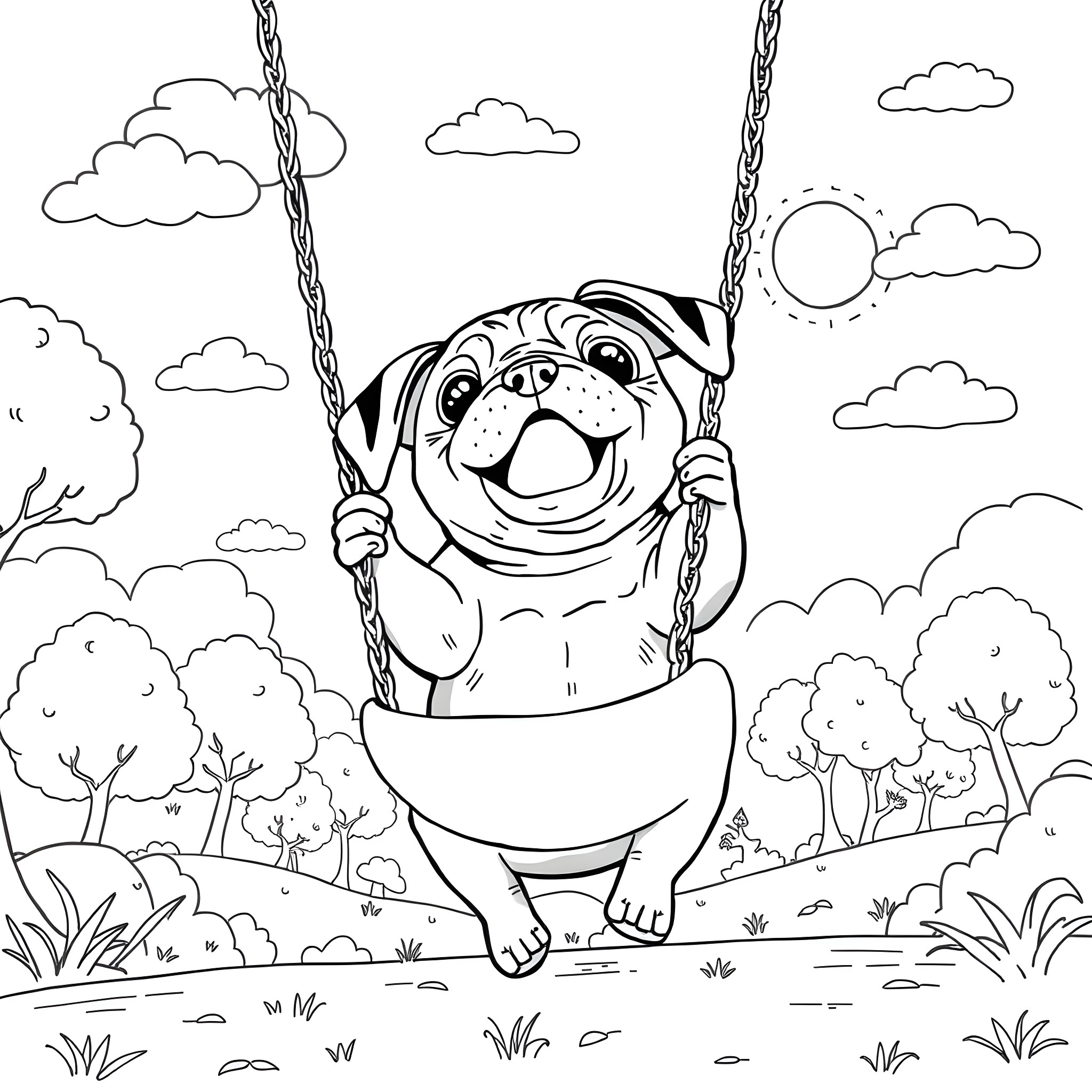 Pug swinging happily in the park Coloring Page (free black-and-white line drawing printable PDF for all, from beginners to advanced learners, including children, teens, adults, and seniors)