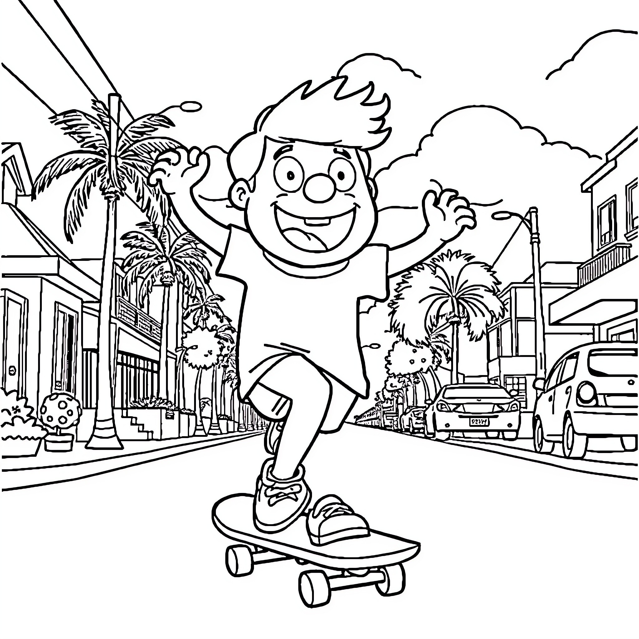 Bob Belcher skateboarding happily through a city street Coloring Page (free black-and-white line drawing printable PDF for all, from beginners to advanced learners, including children, teens, adults, and seniors)