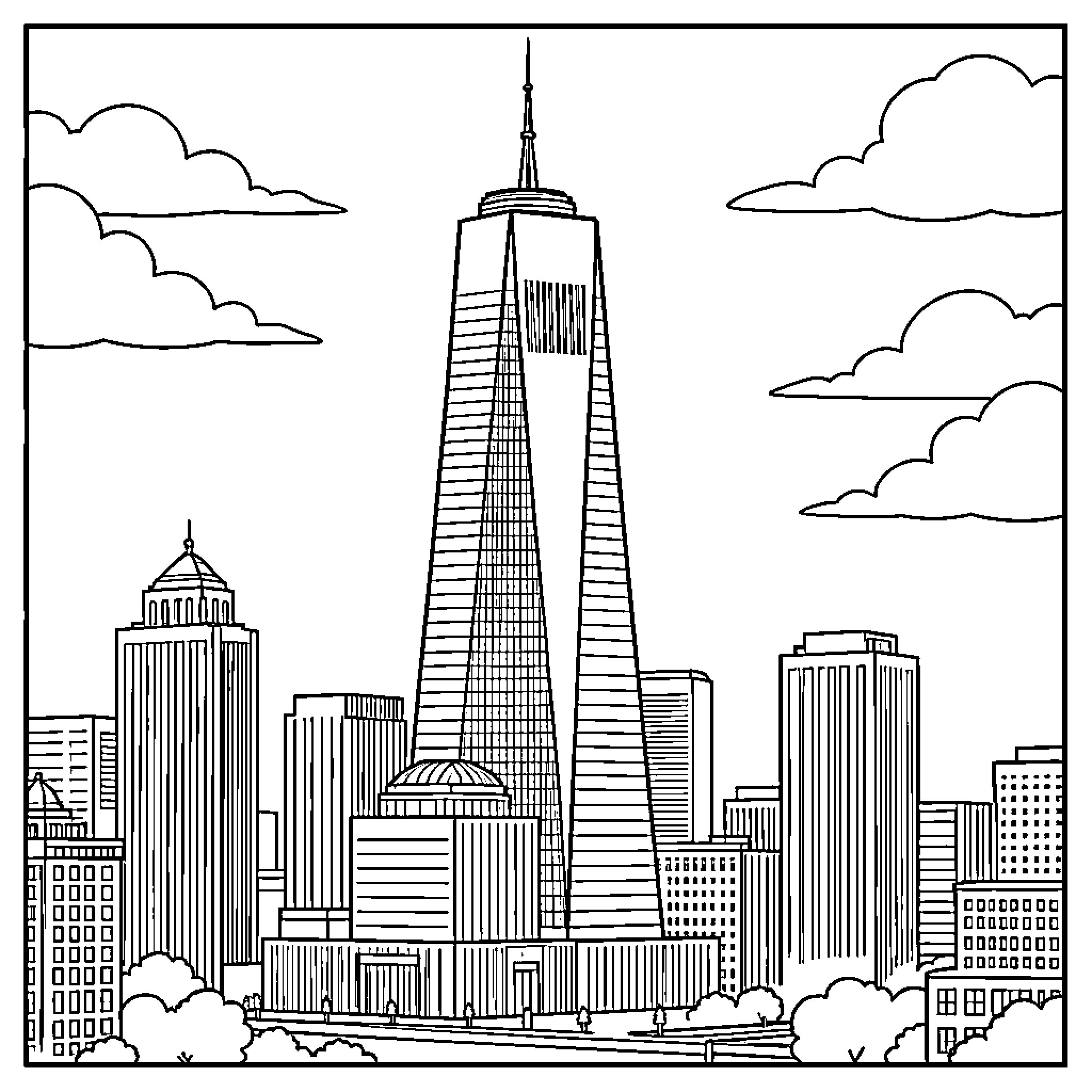World Trade Center skyline view with skyscrapers Coloring Page (free black-and-white line drawing printable PDF for all, from beginners to advanced learners, including children, teens, adults, and seniors)