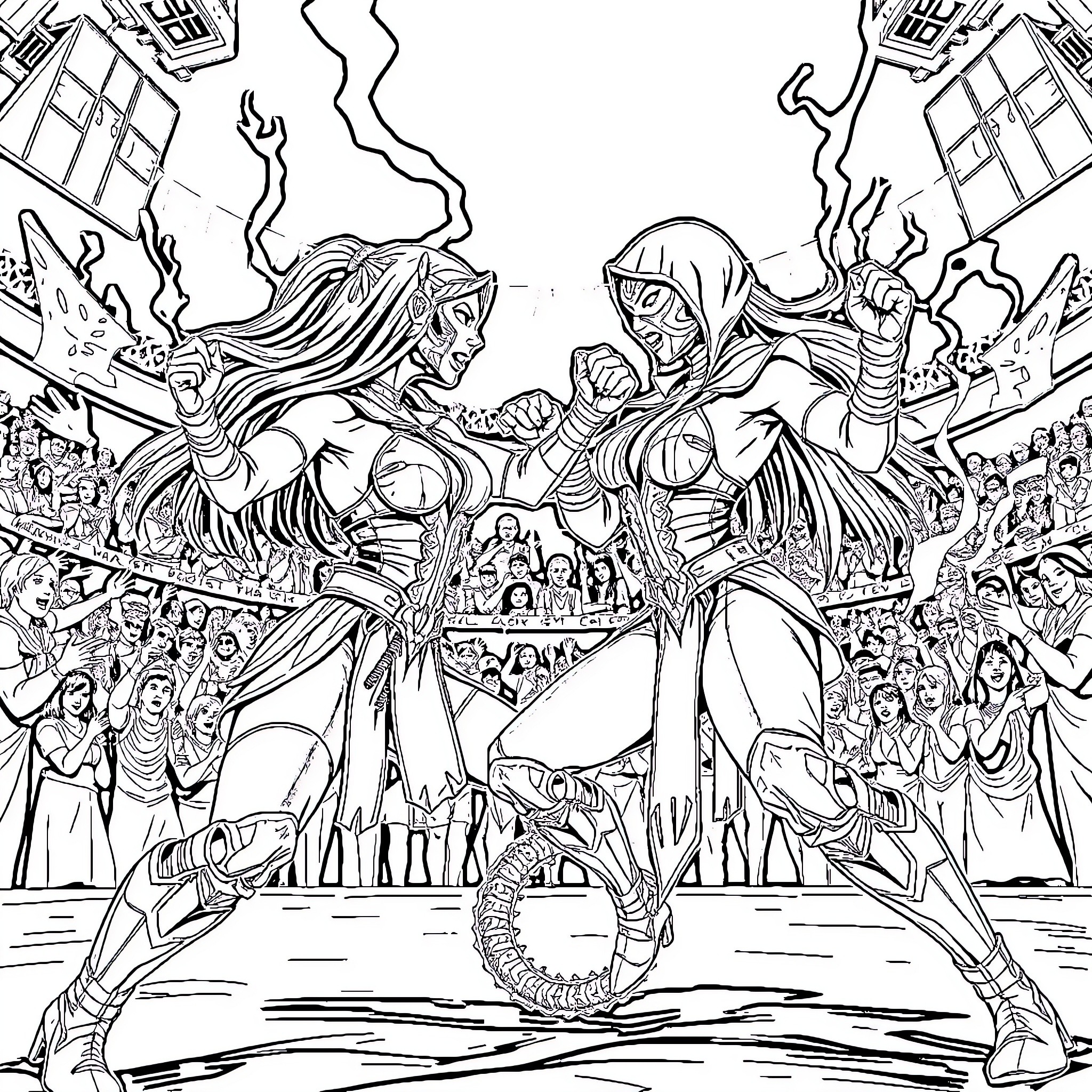 Mortal Kombat: Epic Showdown in the Arena Coloring Page (free black-and-white line drawing printable PDF for all, from beginners to advanced learners, including children, teens, adults, and seniors)