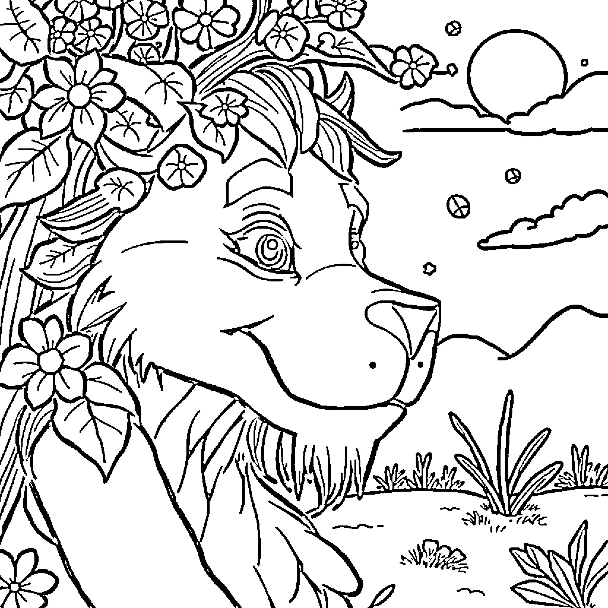 Gimkit: Playful Animals in Floral Meadow Coloring Page (free black-and-white line drawing printable PDF for all, from beginners to advanced learners, including children, teens, adults, and seniors)