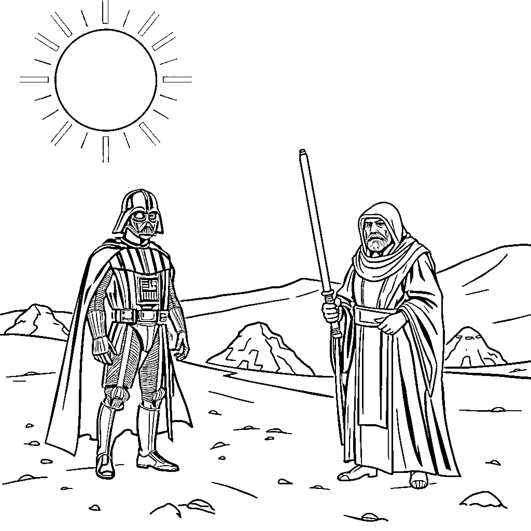 Darth Vader confronted by a mysterious hooded figure Coloring Page (free black-and-white line drawing printable PDF for all, from beginners to advanced learners, including children, teens, adults, and seniors)