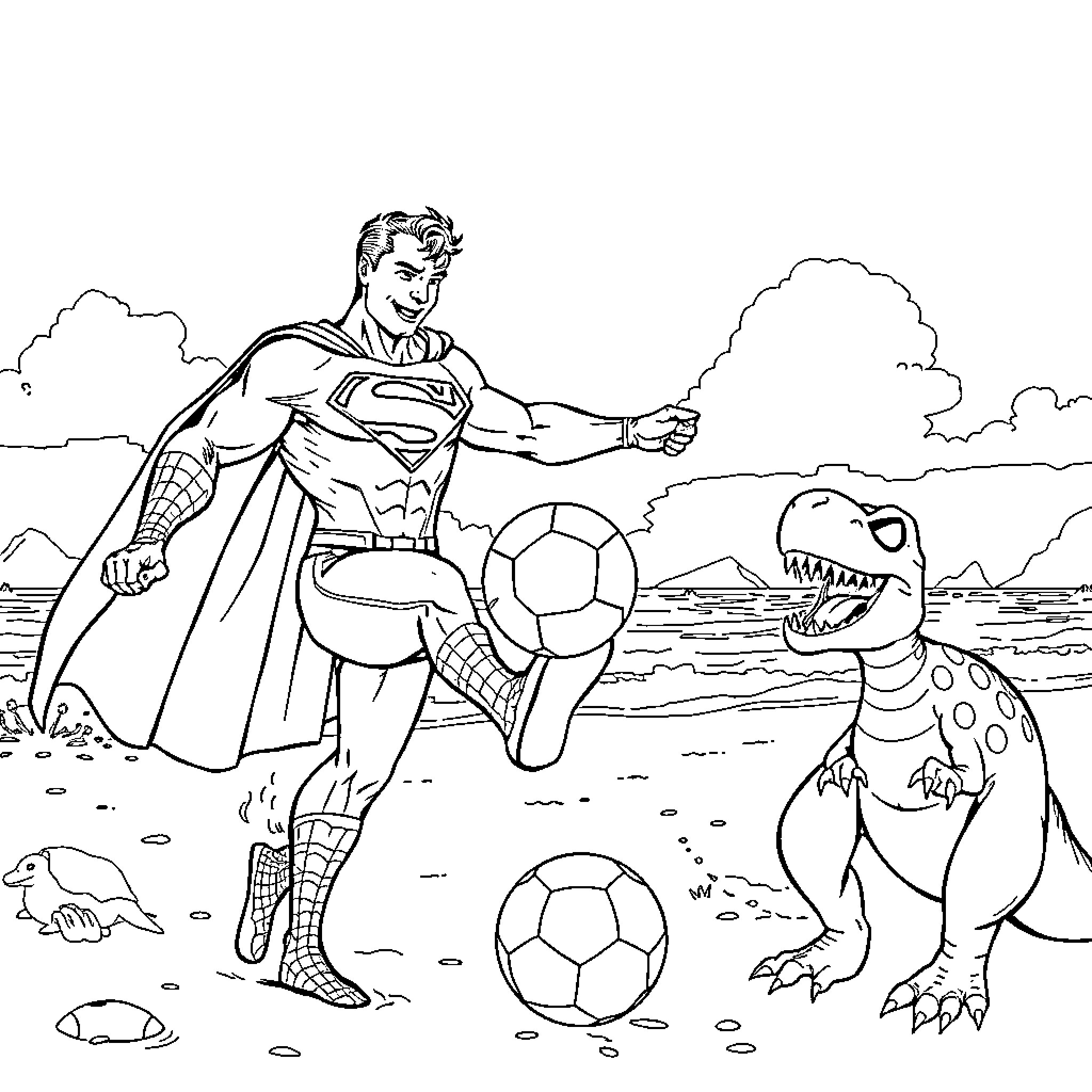 Superman kicks back on the beach with dinosaurs Coloring Page (free black-and-white line drawing printable PDF for all, from beginners to advanced learners, including children, teens, adults, and seniors)
