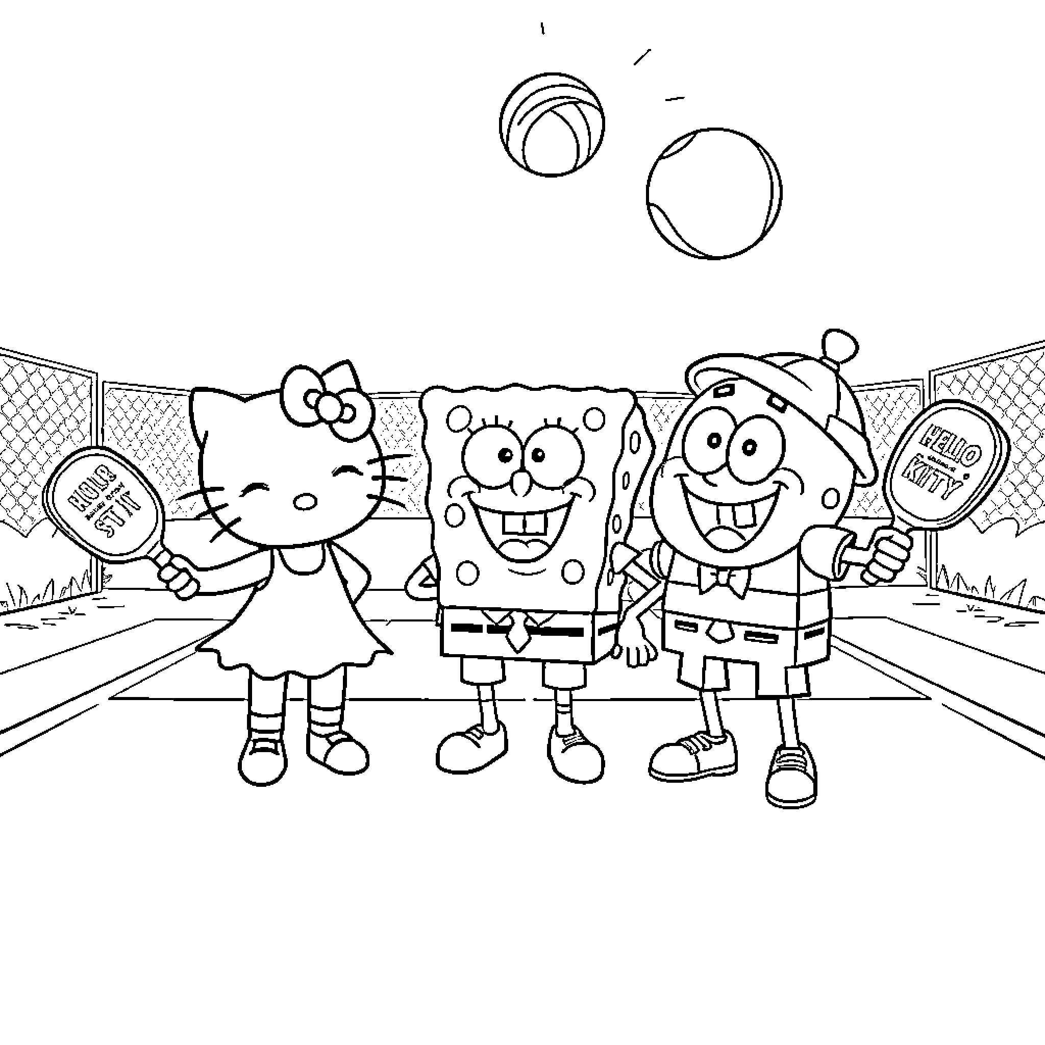 Character trio playing in the park Coloring Page (free black-and-white line drawing printable PDF for all, from beginners to advanced learners, including children, teens, adults, and seniors)