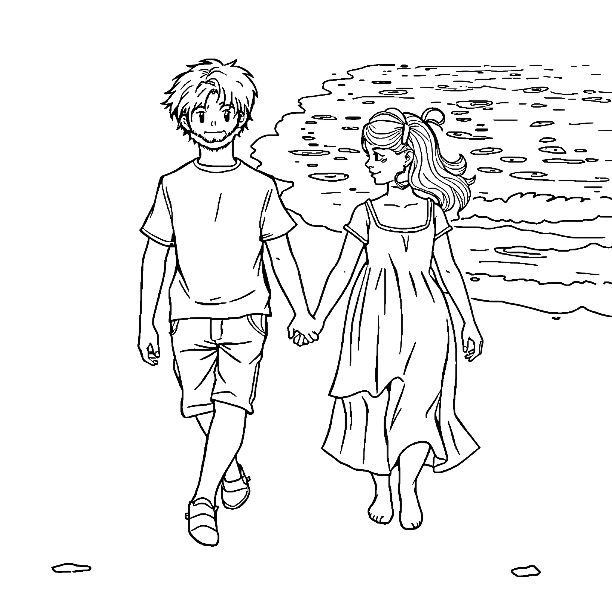 Child and Girl Walking Together on Beach Coloring Page (free black-and-white line drawing printable PDF for all, from beginners to advanced learners, including children, teens, adults, and seniors)