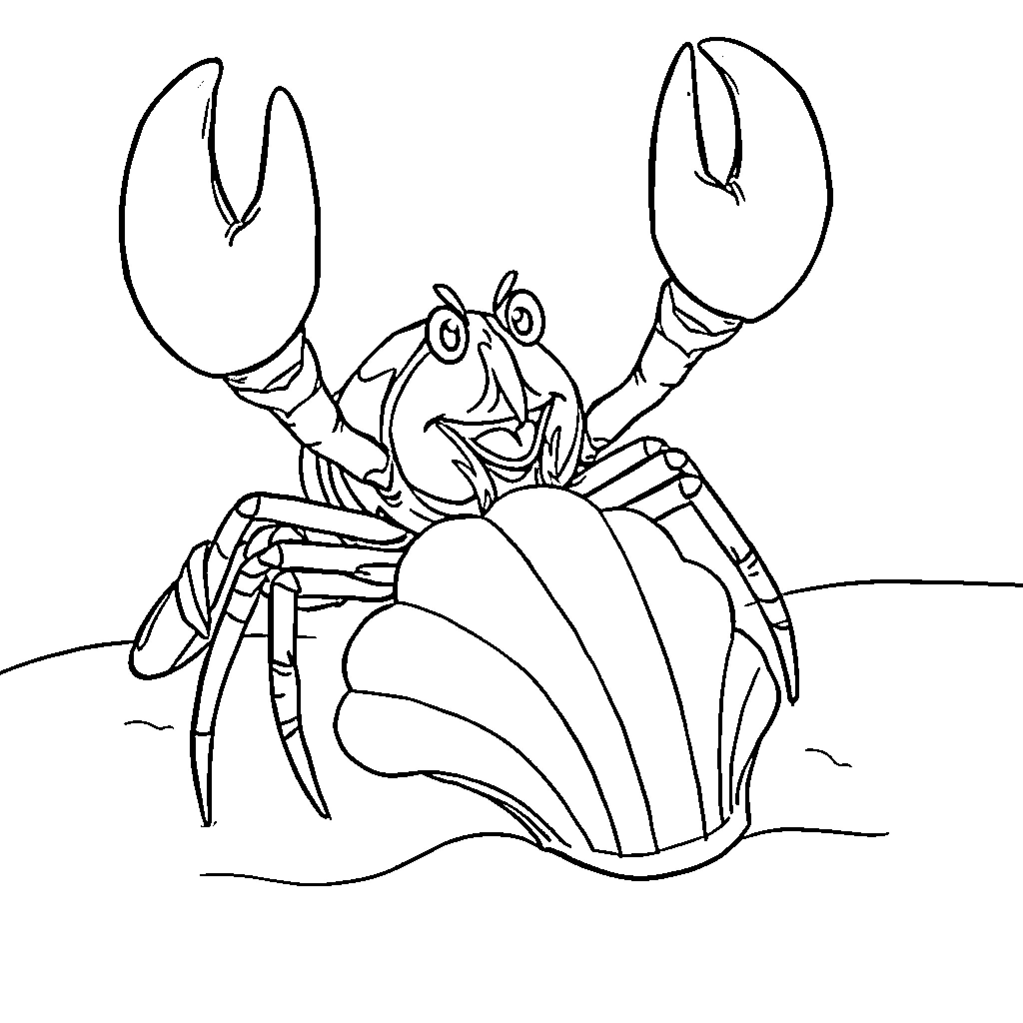 Lobster waving its claws happily on the beach Coloring Page (free black-and-white line drawing printable PDF for all, from beginners to advanced learners, including children, teens, adults, and seniors)