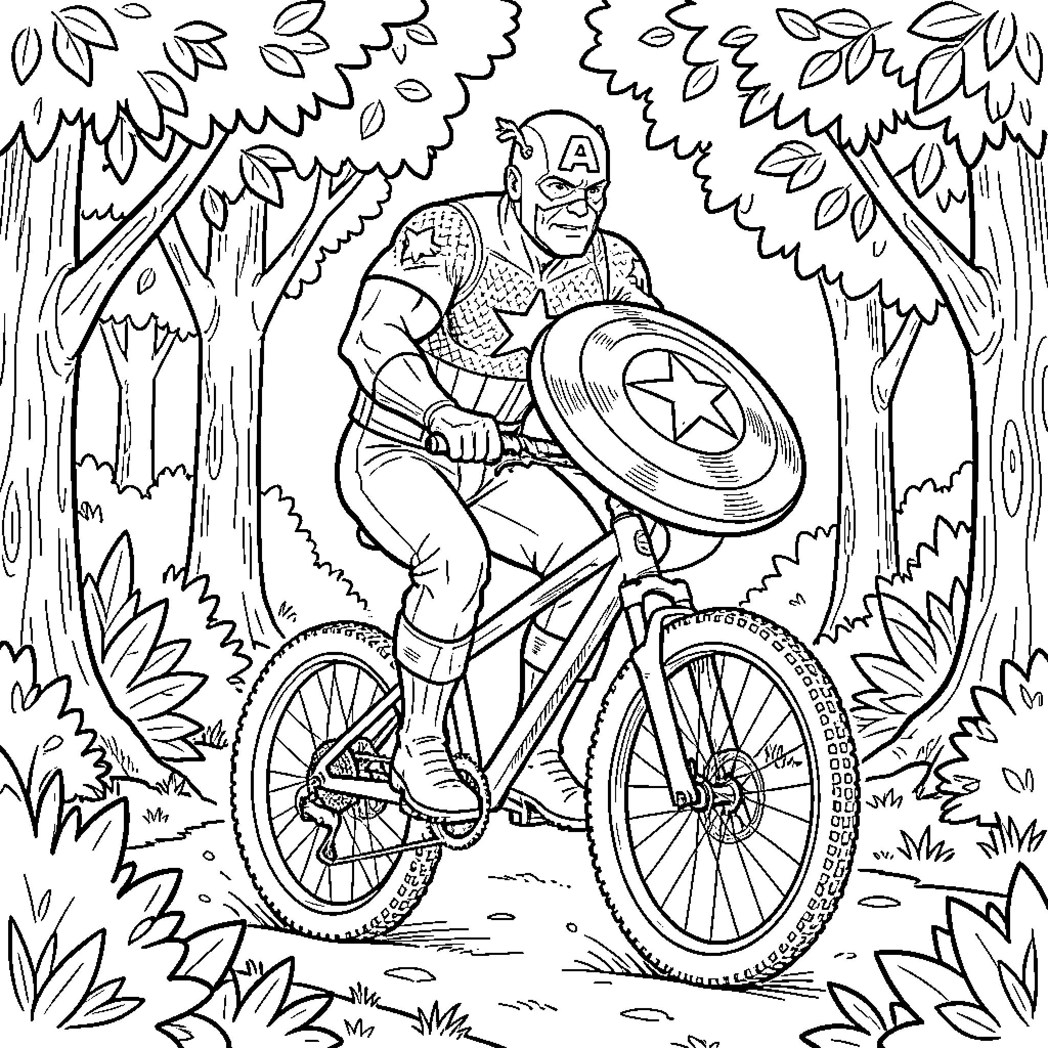 Captain America Cycling Through Woodland Scenery Coloring Page (free black-and-white line drawing printable PDF for all, from beginners to advanced learners, including children, teens, adults, and seniors)