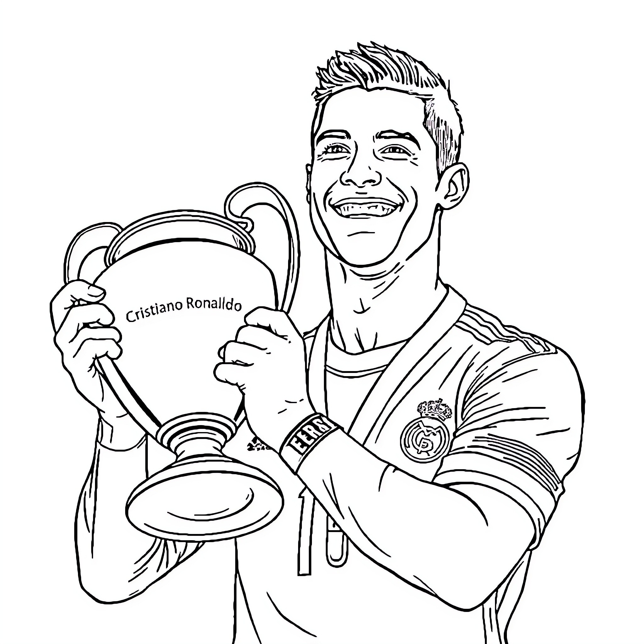 Cristiano Ronaldo Proudly Holds Soccer Trophy Coloring Page (free black-and-white line drawing printable PDF for all, from beginners to advanced learners, including children, teens, adults, and seniors)