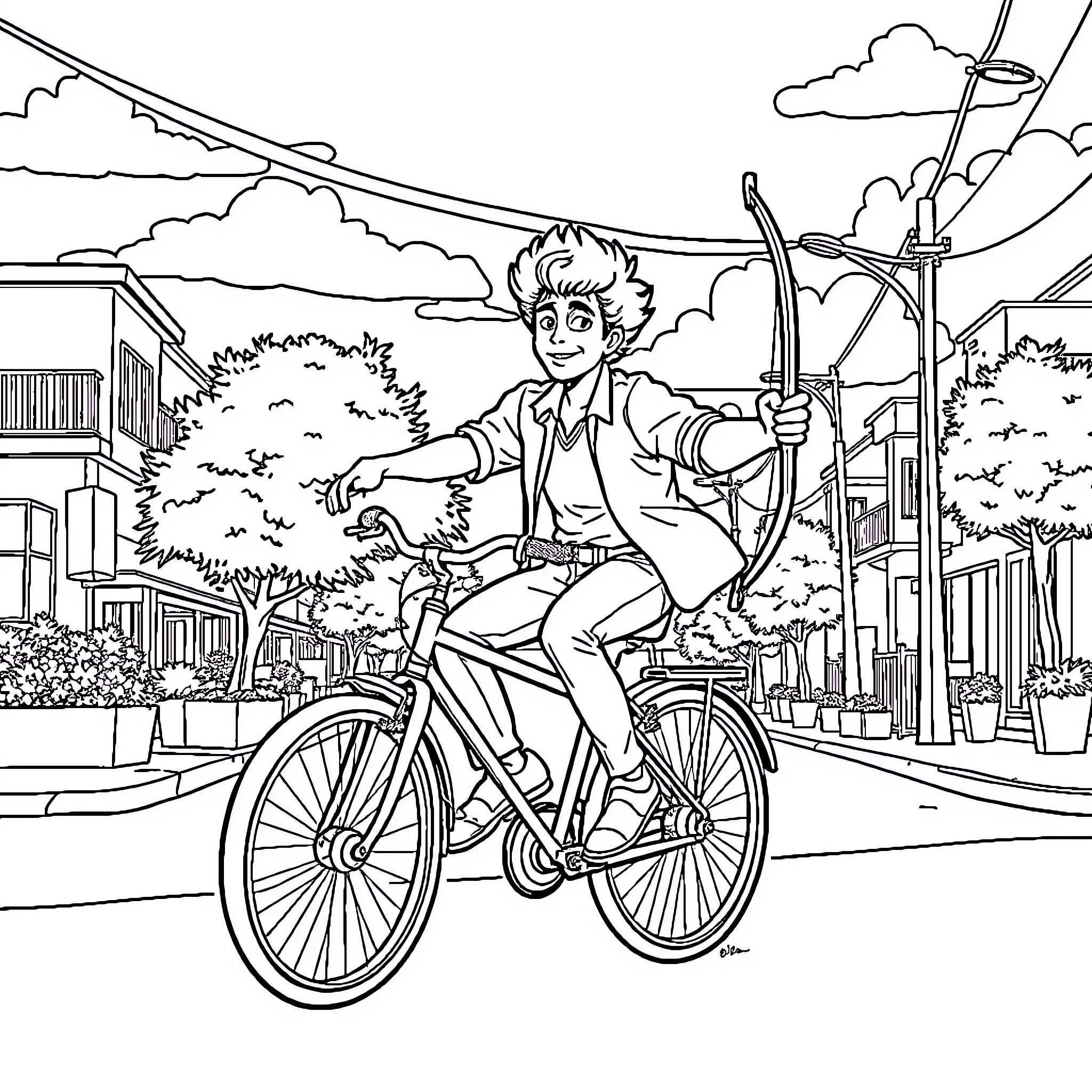 Napoleon Dynamite Enjoying a Bike Ride in the Town Coloring Page (free black-and-white line drawing printable PDF for all, from beginners to advanced learners, including children, teens, adults, and seniors)