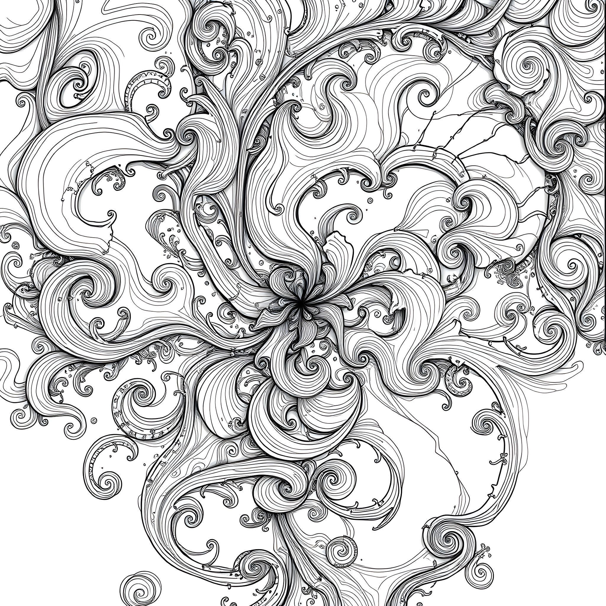 Abstract floral swirls and patterns Coloring Page (free black-and-white line drawing printable PDF for all, from beginners to advanced learners, including children, teens, adults, and seniors)
