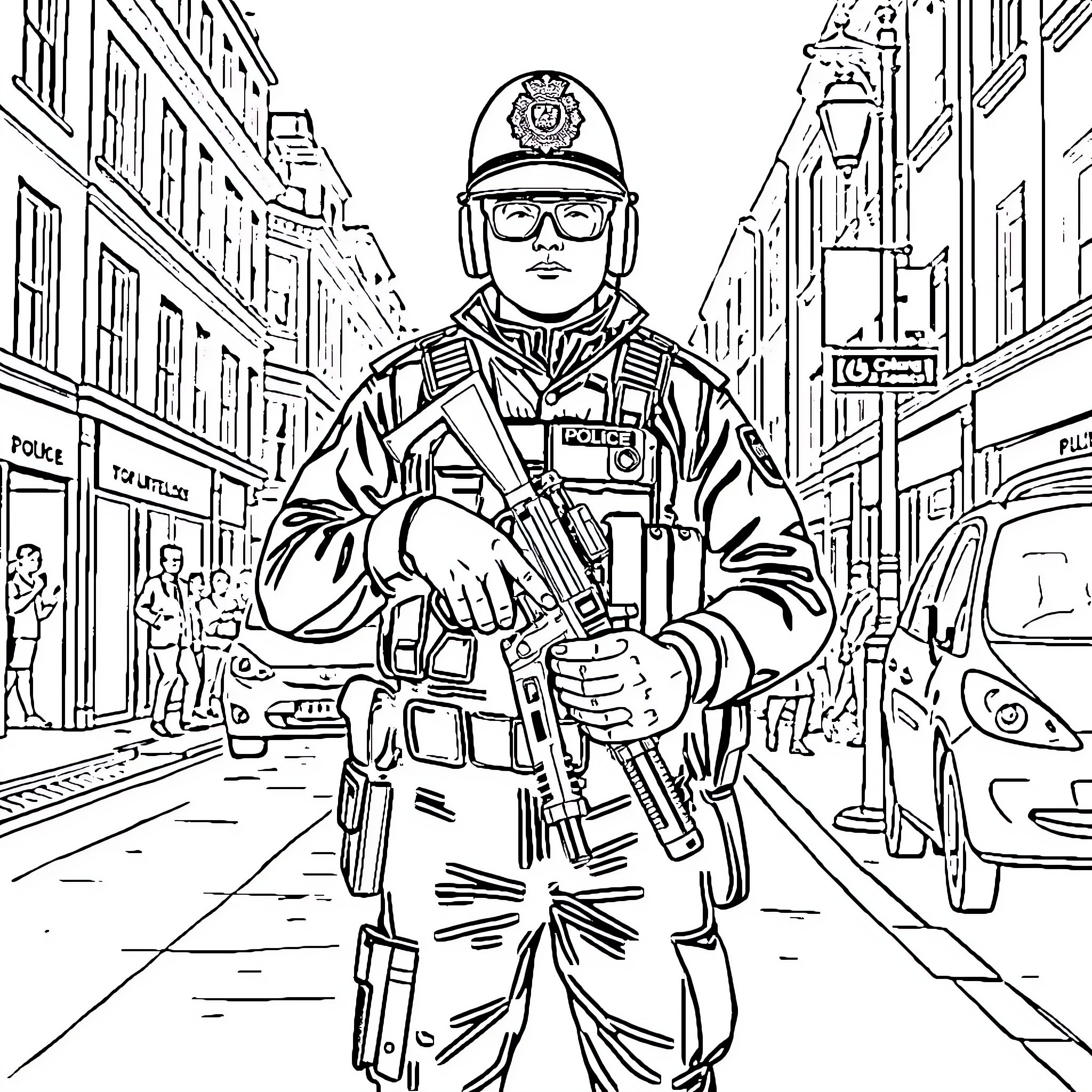 Police Officer Patrolling the Urban Streets Coloring Page (free black-and-white line drawing printable PDF for all, from beginners to advanced learners, including children, teens, adults, and seniors)