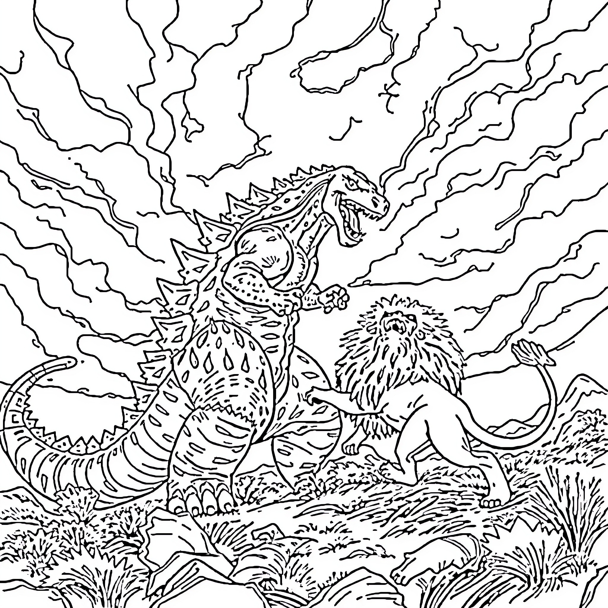Godzilla's Colossal Confrontation in the Wilderness Coloring Page (free black-and-white line drawing printable PDF for all, from beginners to advanced learners, including children, teens, adults, and seniors)