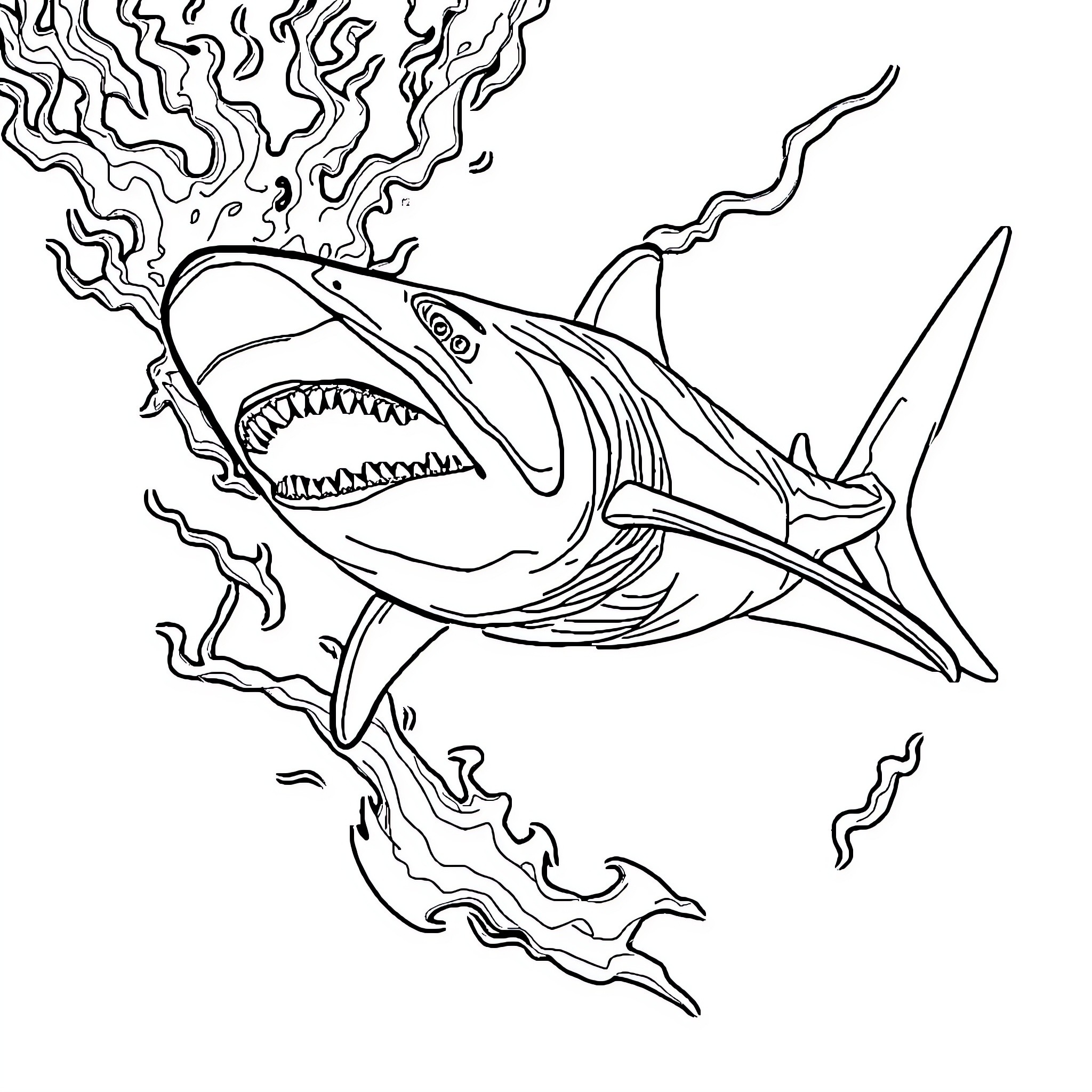 Megalodon shark devouring its prey Coloring Page (free black-and-white line drawing printable PDF for all, from beginners to advanced learners, including children, teens, adults, and seniors)