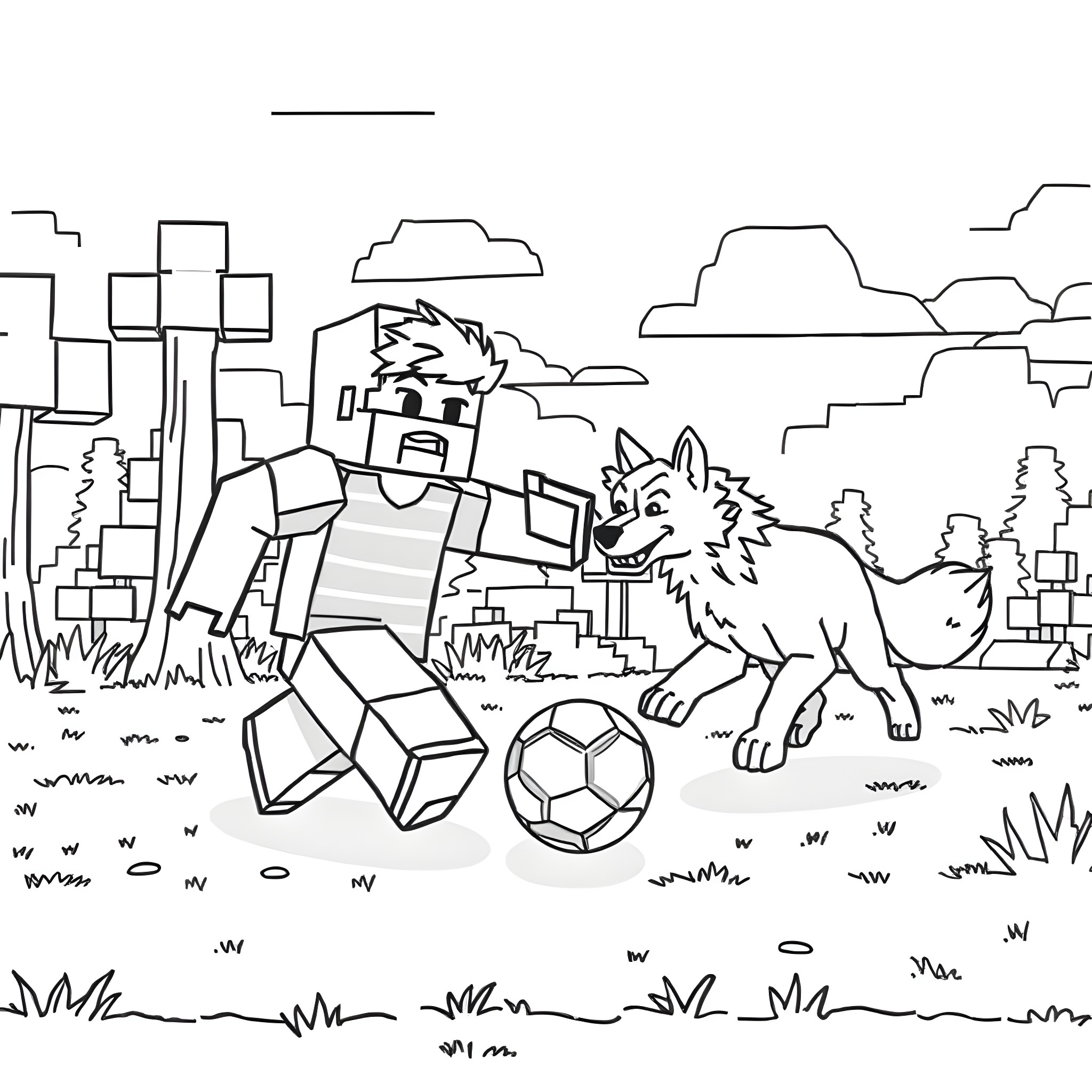 Steve playing soccer with his wolf companion in the city Coloring Page (free black-and-white line drawing printable PDF for all, from beginners to advanced learners, including children, teens, adults, and seniors)