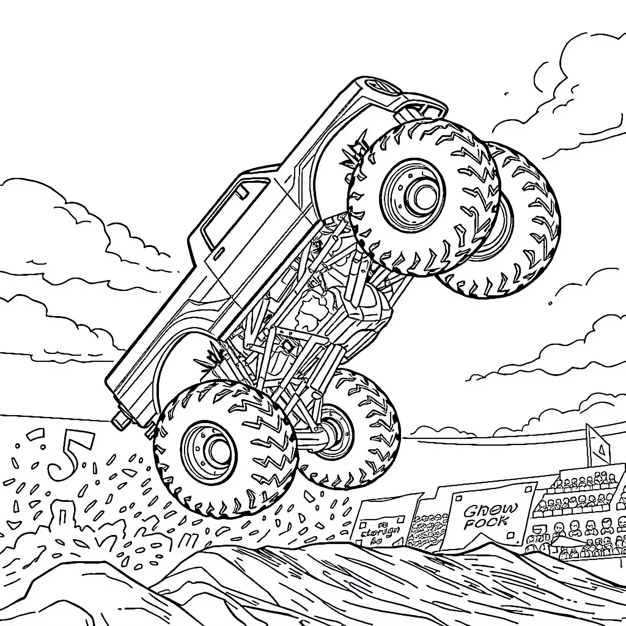 Monster Truck Performing High-Octane Stunt in the Air Coloring Page (free black-and-white line drawing printable PDF for all, from beginners to advanced learners, including children, teens, adults, and seniors)
