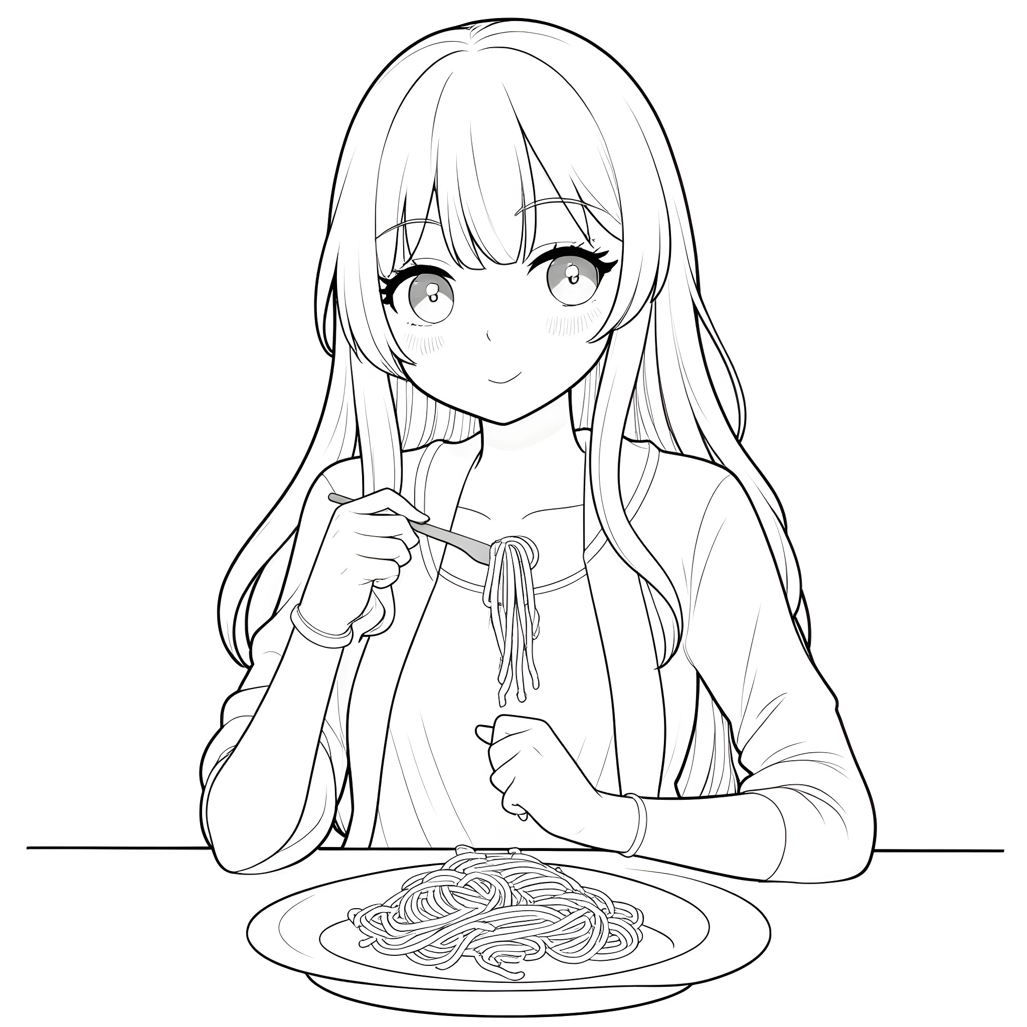 Anime Girl Enjoying Delicious Pasta Coloring Page (free black-and-white line drawing printable PDF for all, from beginners to advanced learners, including children, teens, adults, and seniors)