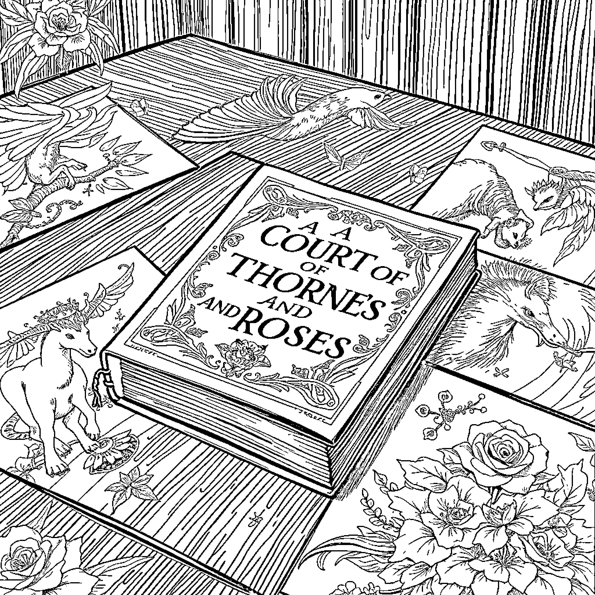 Book of Thorns and Roses on Wooden Table Coloring Page (free black-and-white line drawing printable PDF for all, from beginners to advanced learners, including children, teens, adults, and seniors)
