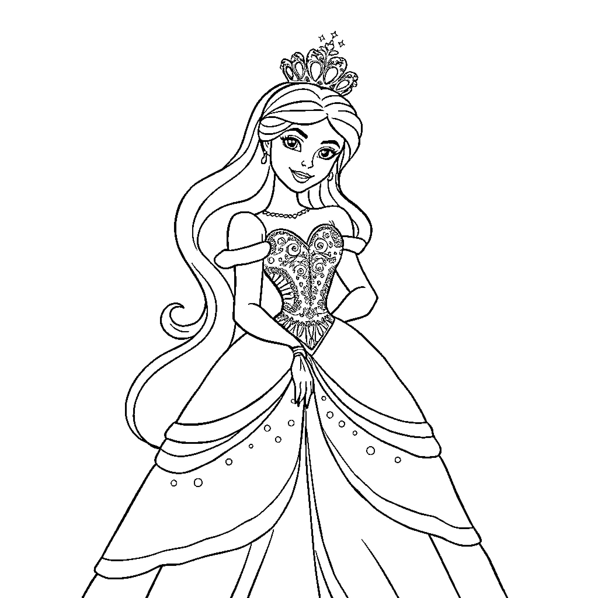 Disney Princess in Elegant Gown and Tiara Coloring Page (free black-and-white line drawing printable PDF for all, from beginners to advanced learners, including children, teens, adults, and seniors)