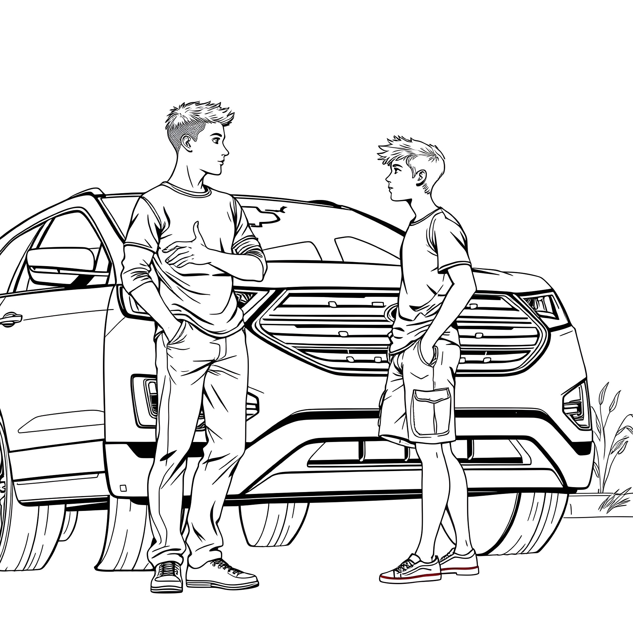 Teen Guy Chatting with Younger Boy Near Car Coloring Page (free black-and-white line drawing printable PDF for all, from beginners to advanced learners, including children, teens, adults, and seniors)