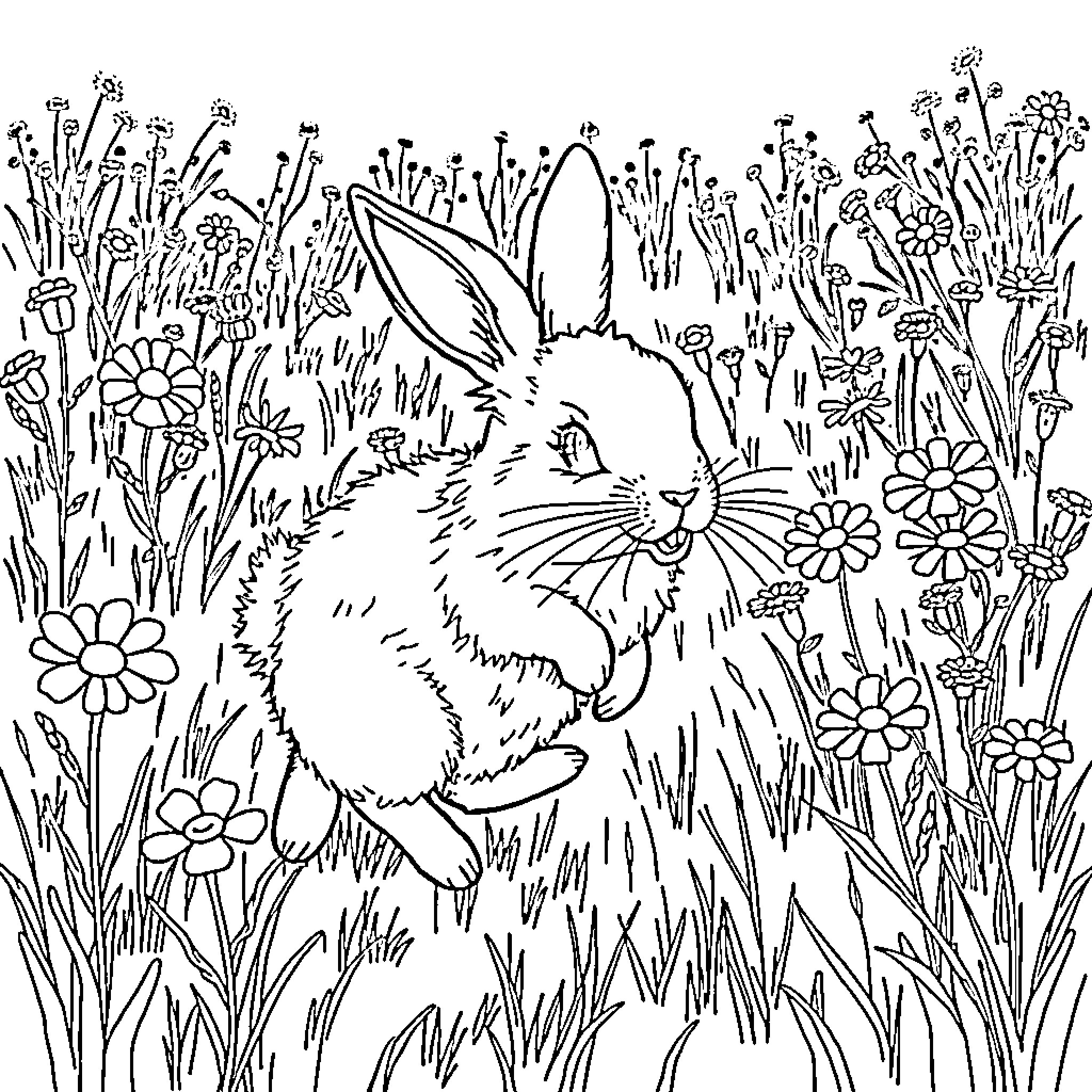 Bunny Hopping Through a Flower-Filled Field Coloring Page (free black-and-white line drawing printable PDF for all, from beginners to advanced learners, including children, teens, adults, and seniors)
