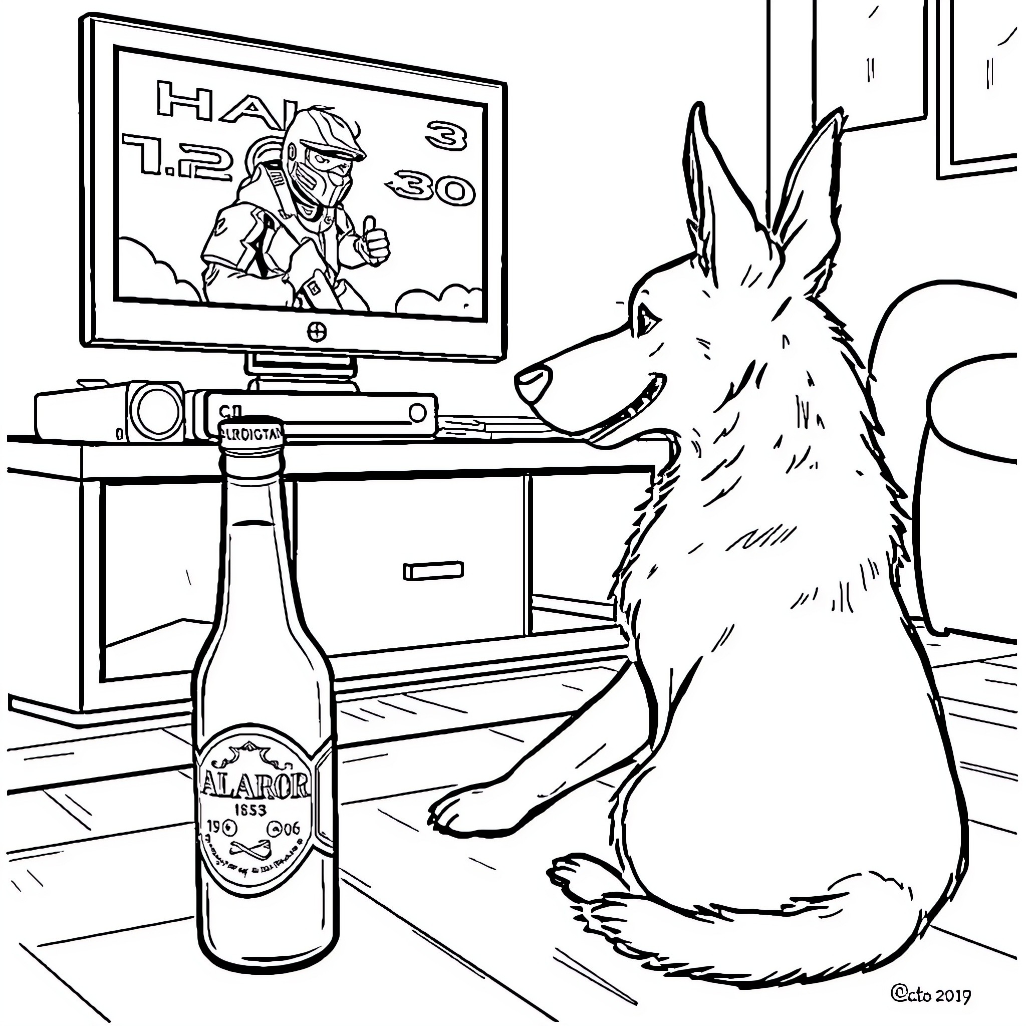 Kelpie enjoying television and beer at home Coloring Page (free black-and-white line drawing printable PDF for all, from beginners to advanced learners, including children, teens, adults, and seniors)