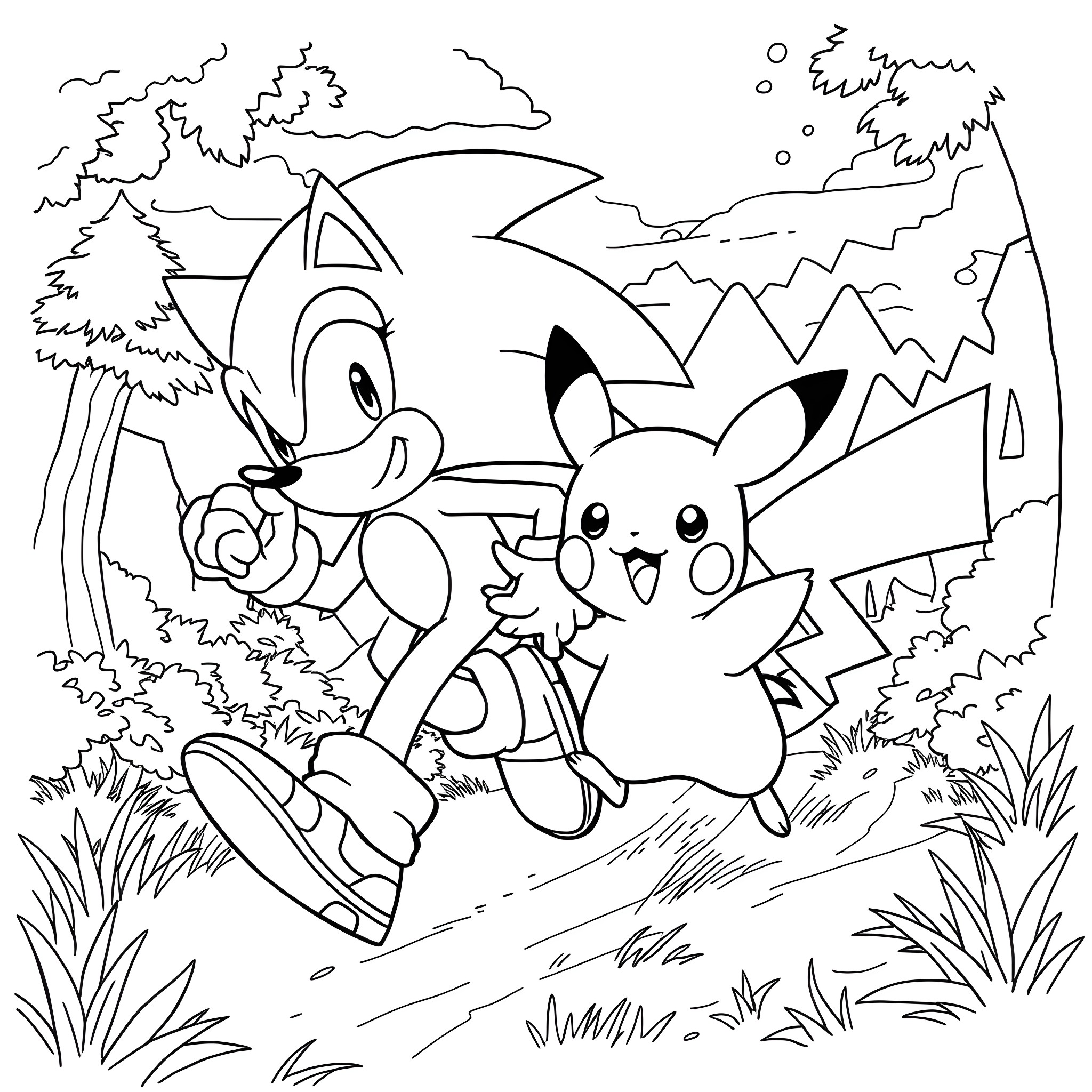 Sonic and Pikachu exploring the wilderness Coloring Page (free black-and-white line drawing printable PDF for all, from beginners to advanced learners, including children, teens, adults, and seniors)
