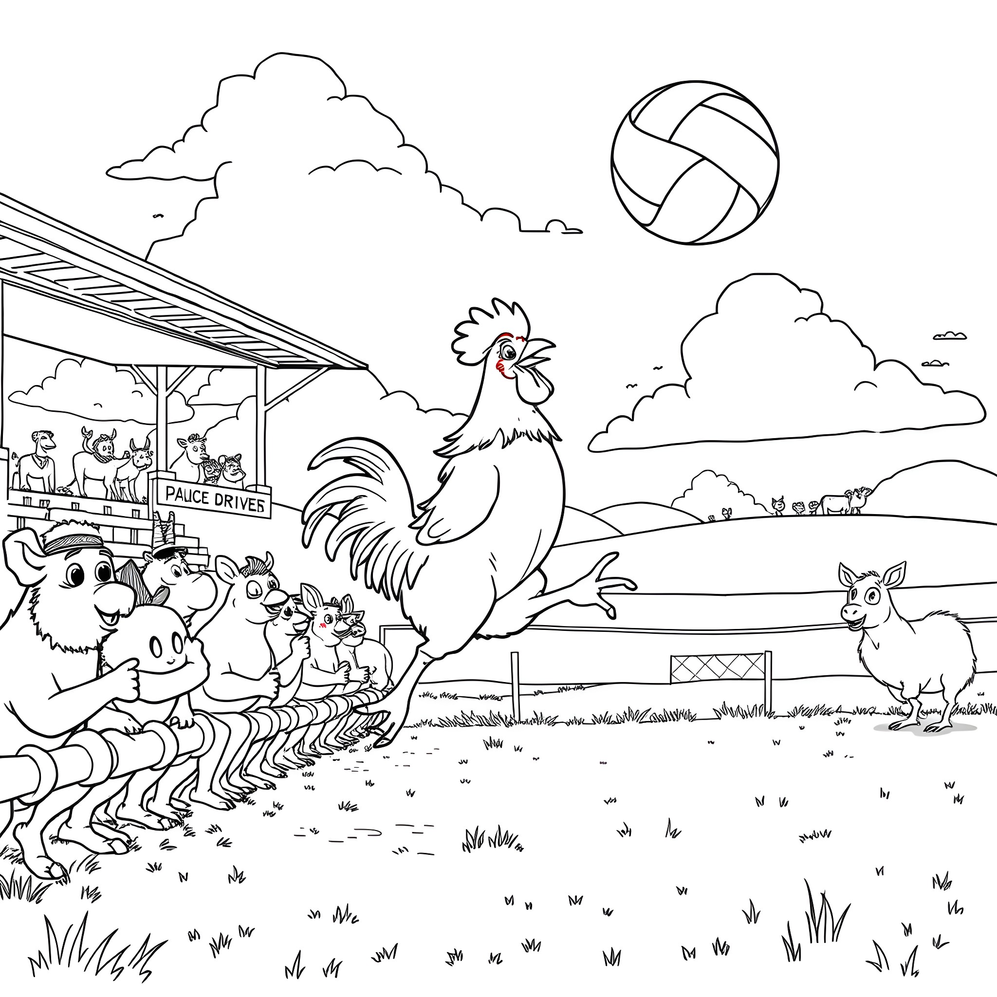Chicken playing happily with animals on the farm Coloring Page (free black-and-white line drawing printable PDF for all, from beginners to advanced learners, including children, teens, adults, and seniors)