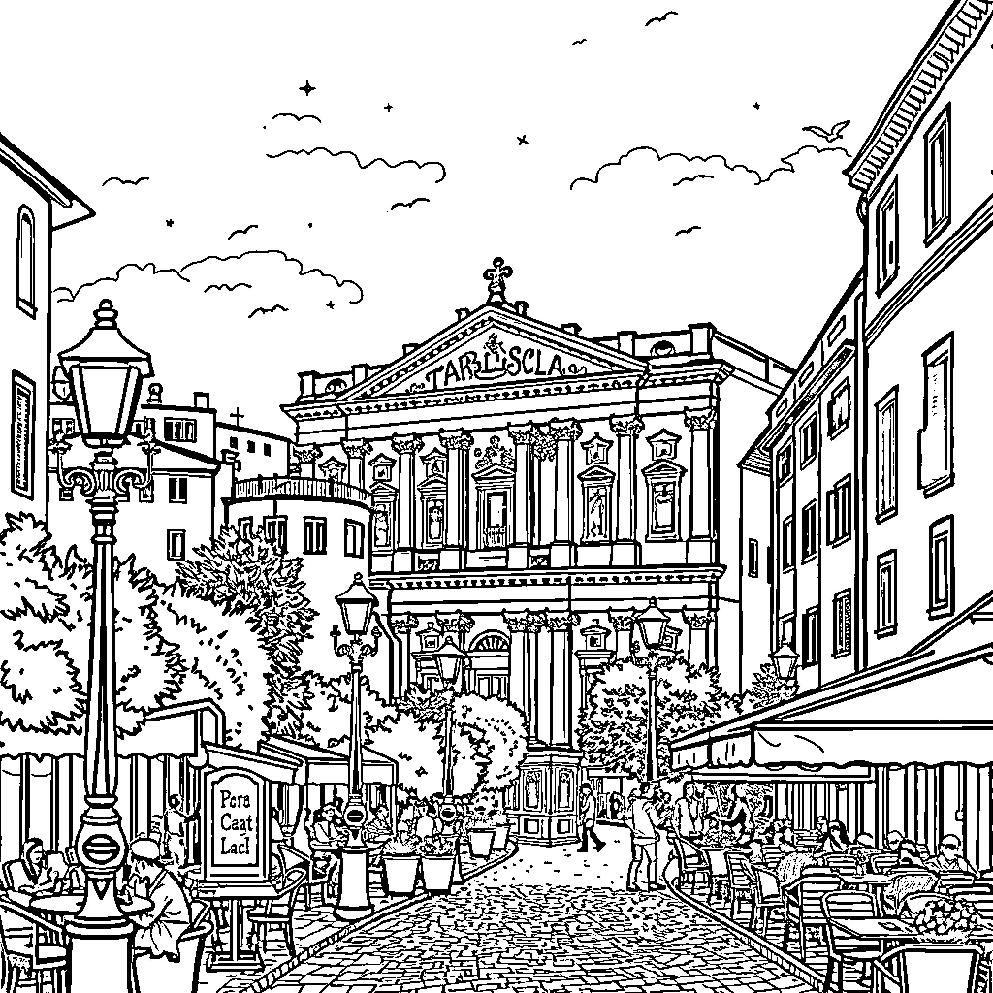 Rome's bustling city scene with historic architecture Coloring Page (free black-and-white line drawing printable PDF for all, from beginners to advanced learners, including children, teens, adults, and seniors)