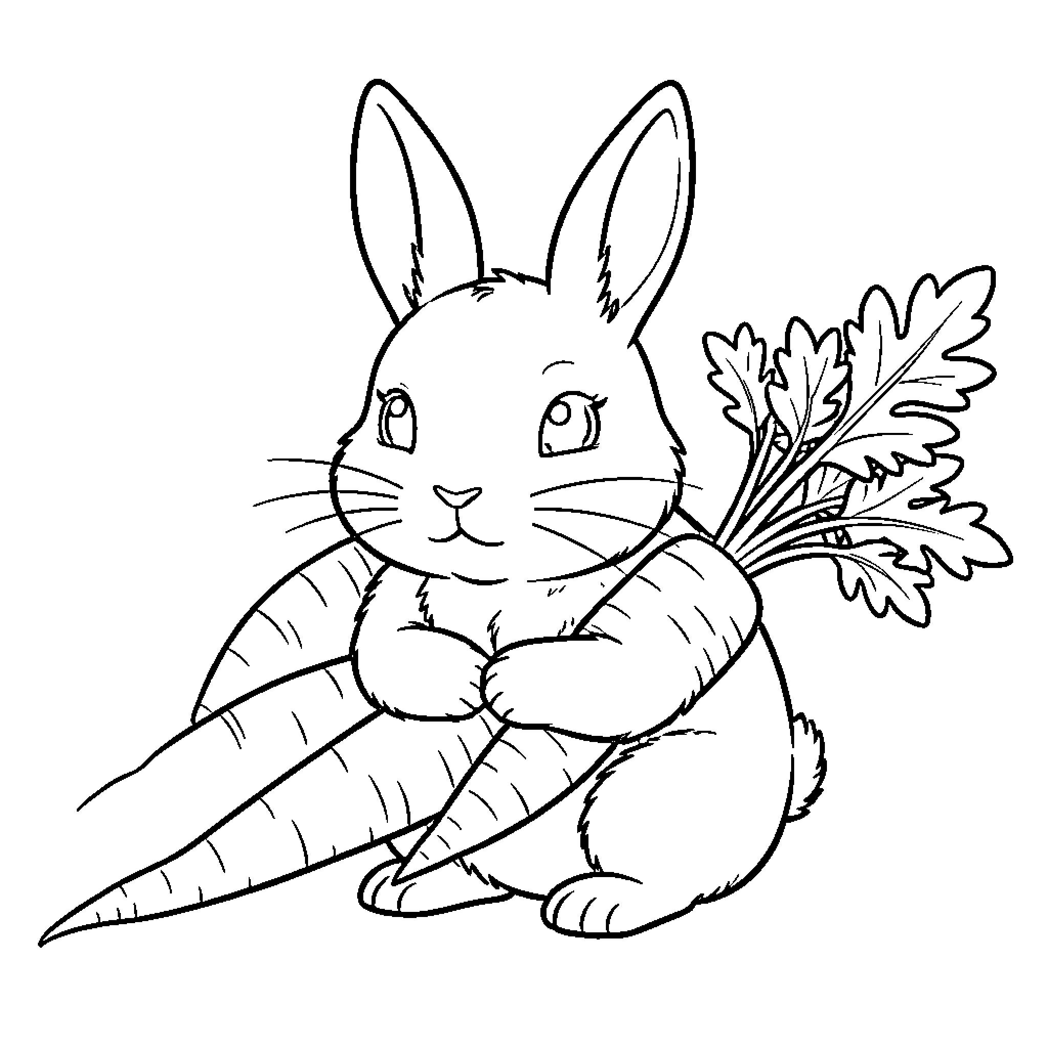 Rabbit holding a carrot with a leaf Coloring Page (free black-and-white line drawing printable PDF for all, from beginners to advanced learners, including children, teens, adults, and seniors)