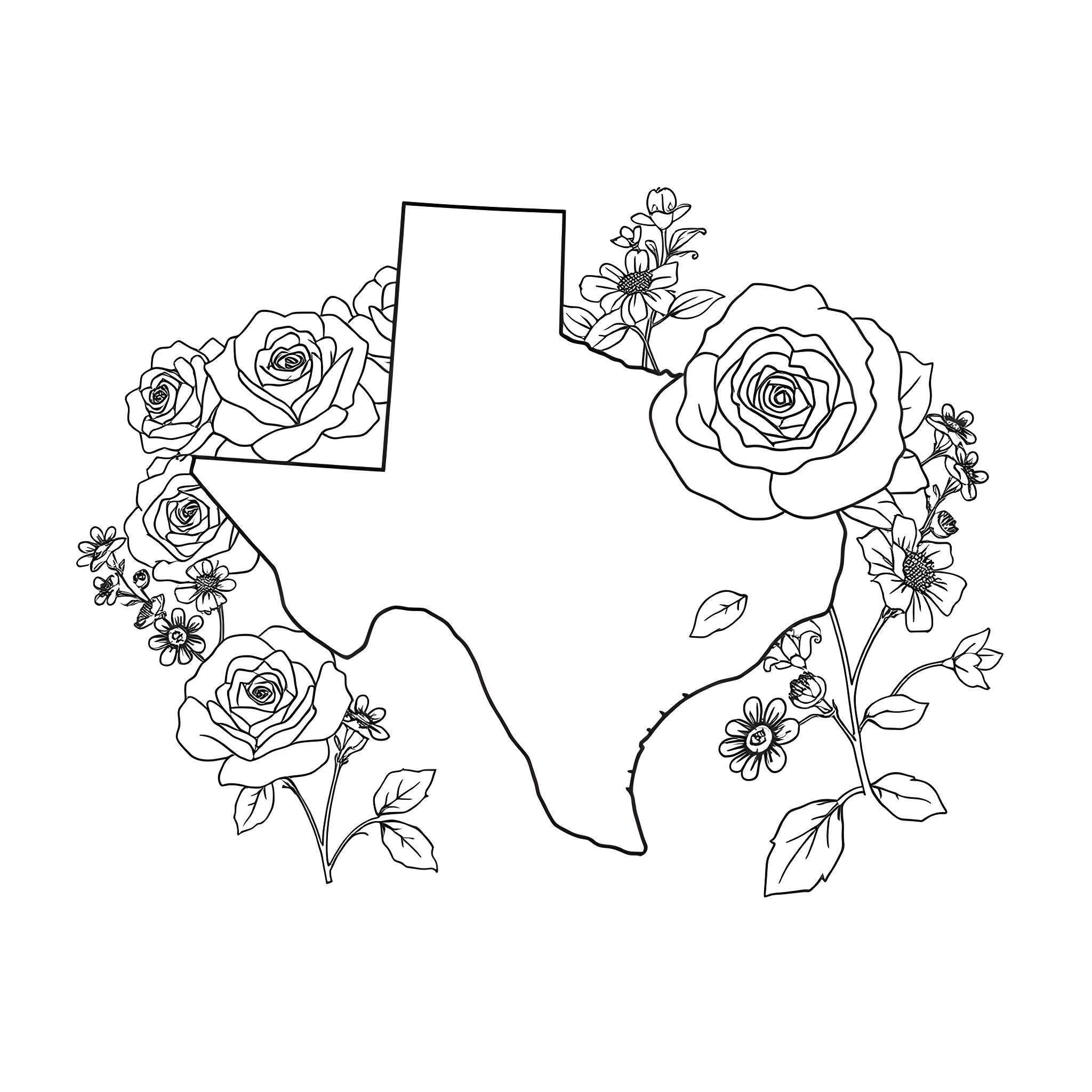 Texas Floral State Outline with Blooming Flowers Coloring Page (free black-and-white line drawing printable PDF for all, from beginners to advanced learners, including children, teens, adults, and seniors)
