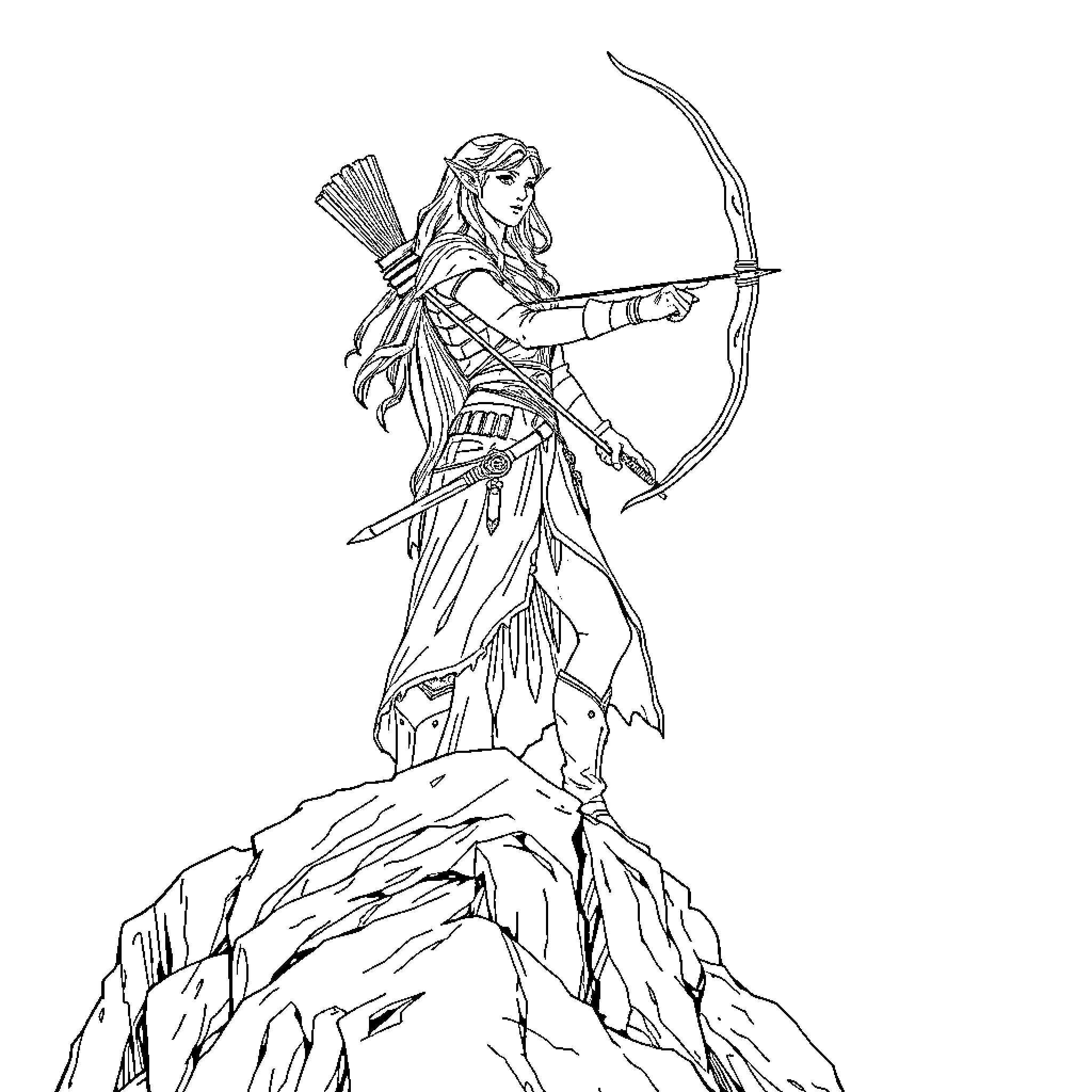 Feyre Archeron, the Determined Archer in the Wilds Coloring Page (free black-and-white line drawing printable PDF for all, from beginners to advanced learners, including children, teens, adults, and seniors)