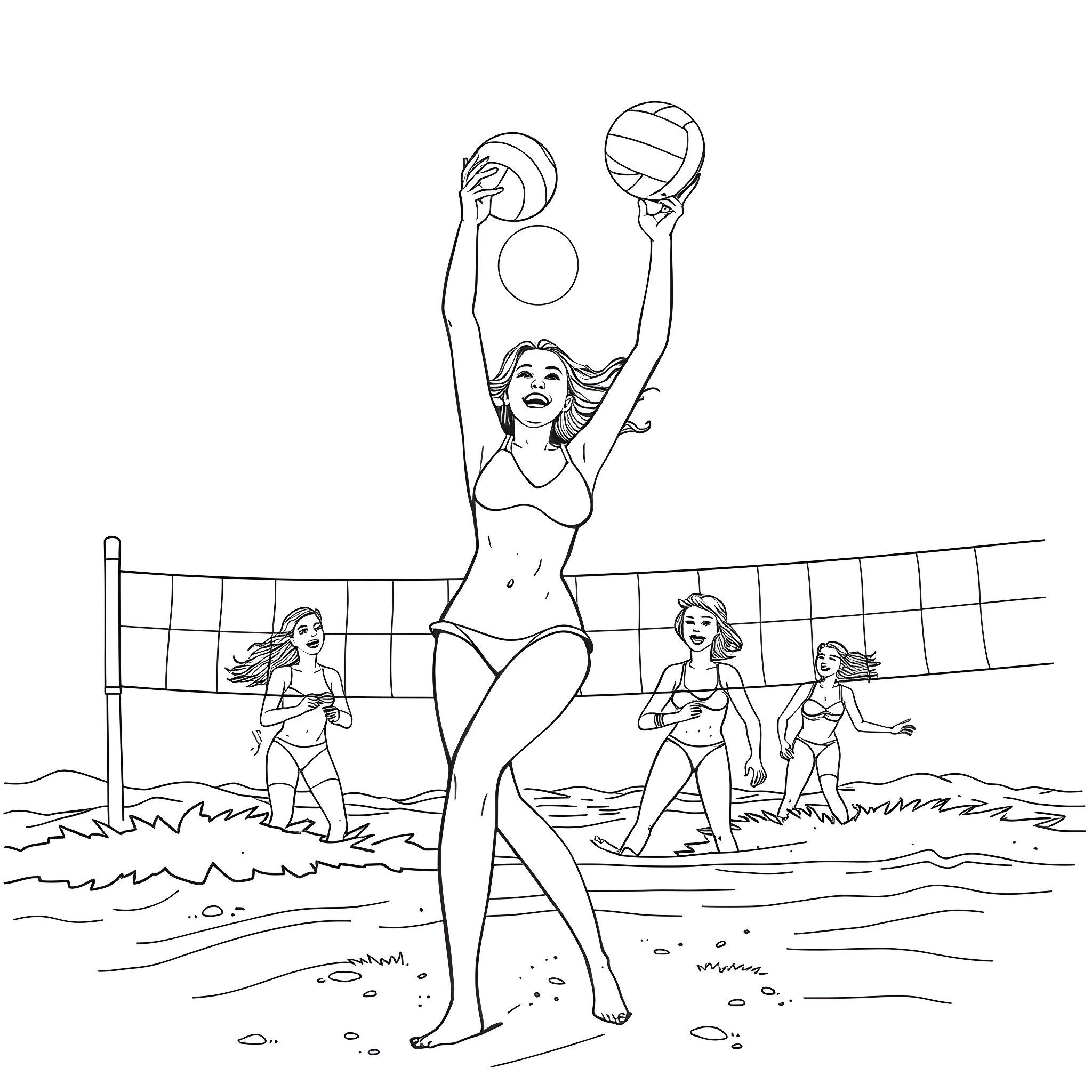 Lady playing volleyball on the beach Coloring Page (free black-and-white line drawing printable PDF for all, from beginners to advanced learners, including children, teens, adults, and seniors)