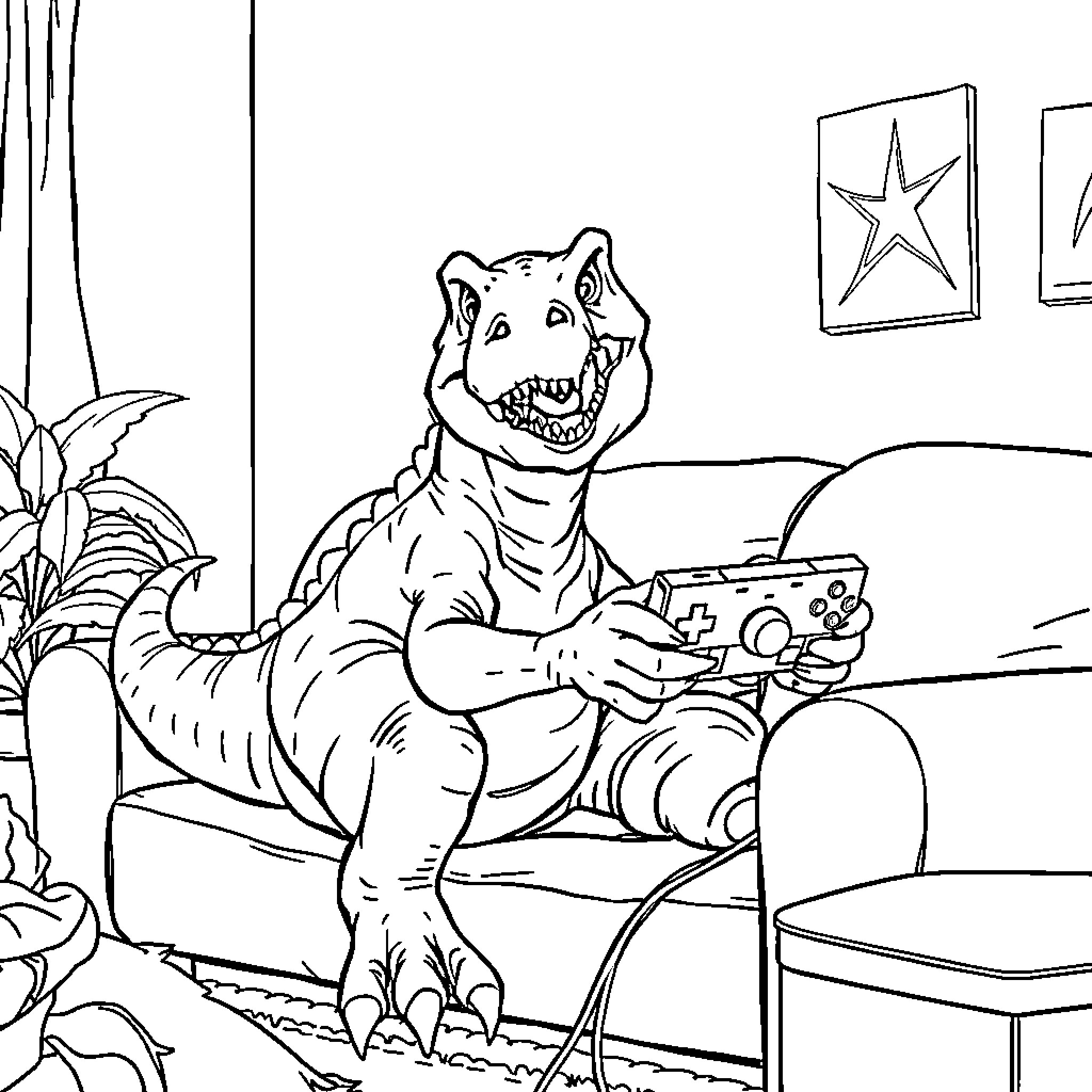 Dinosaur playing video game at home Coloring Page (free black-and-white line drawing printable PDF for all, from beginners to advanced learners, including children, teens, adults, and seniors)