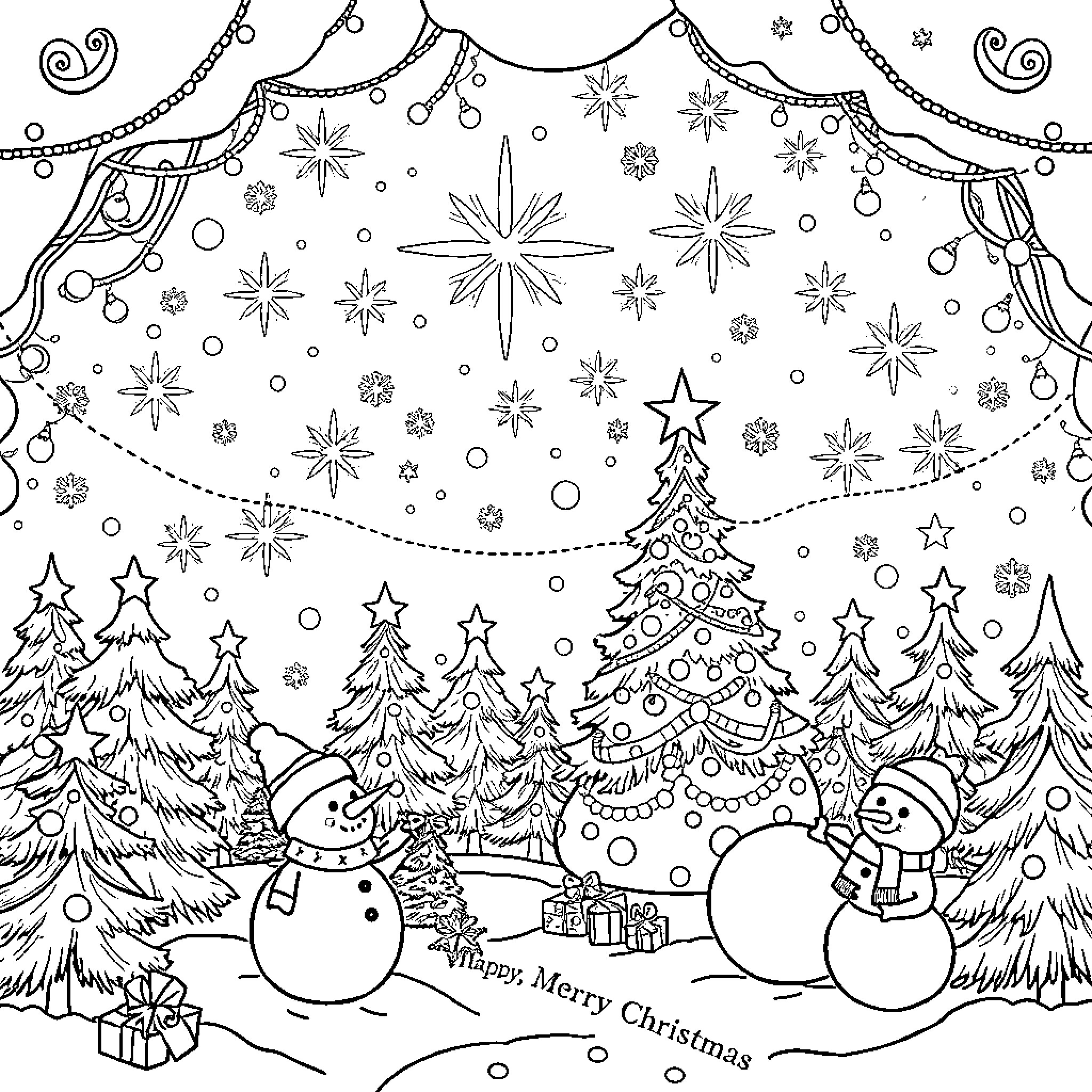 Christmas Celebration with Snowmen, Trees and Sparkling Decor Coloring Page (free black-and-white line drawing printable PDF for all, from beginners to advanced learners, including children, teens, adults, and seniors)