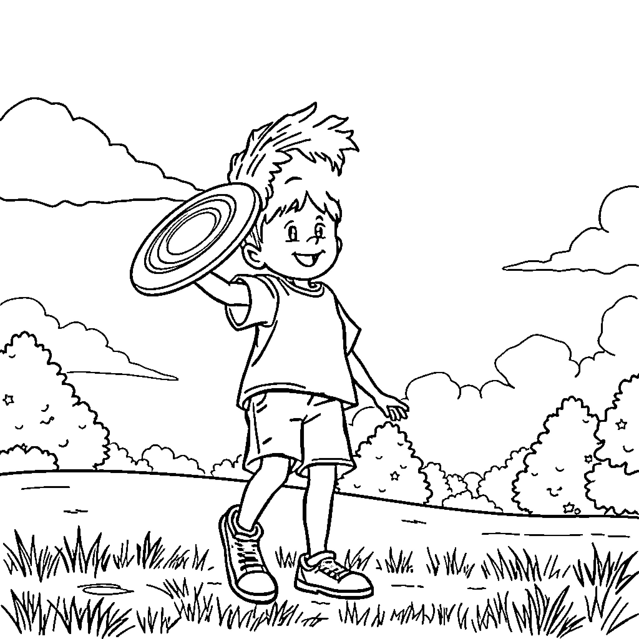 Kid Playing Frisbee in the Outdoor Scene Coloring Page (free black-and-white line drawing printable PDF for all, from beginners to advanced learners, including children, teens, adults, and seniors)