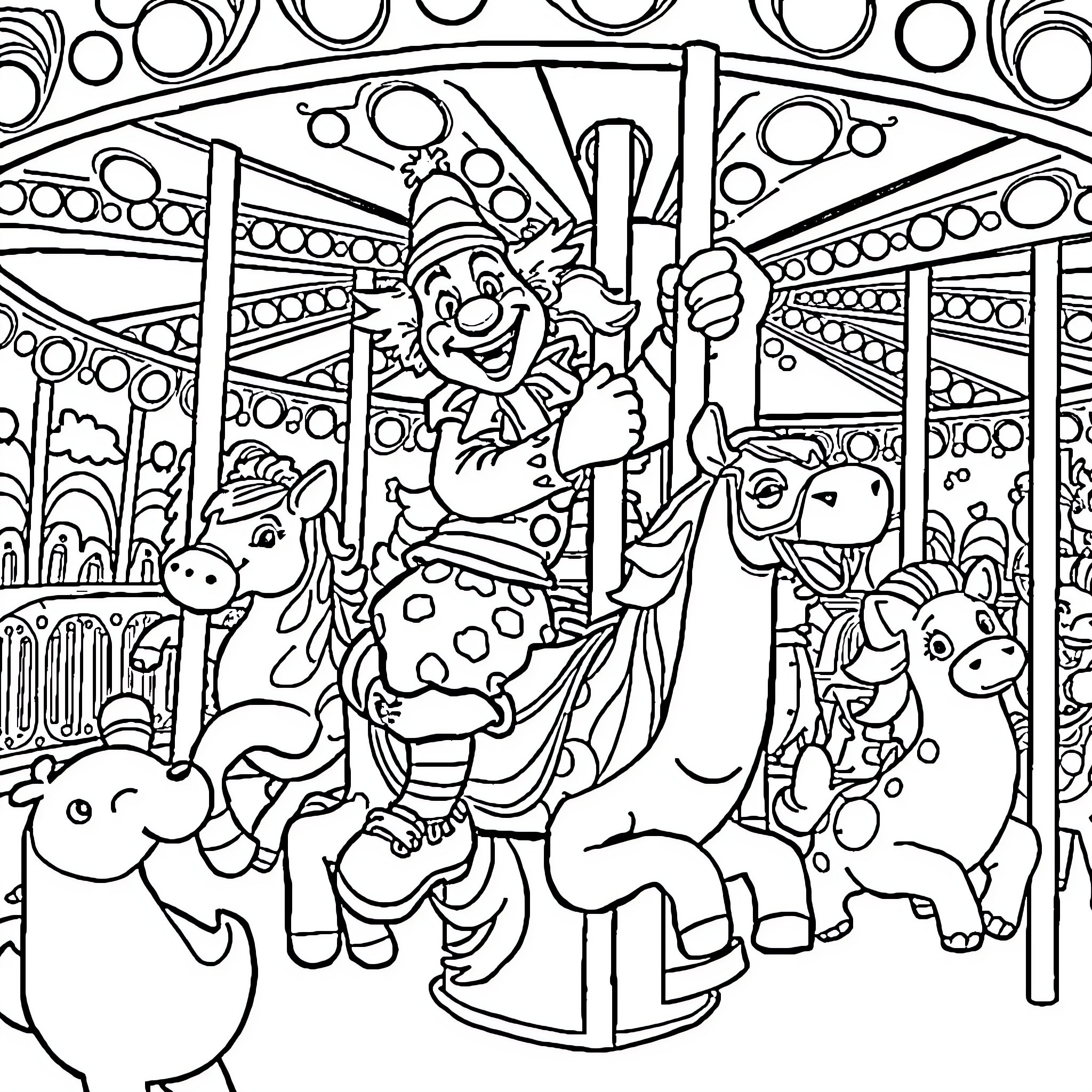 Clown enjoying a vibrant carnival ride with animal companions Coloring Page (free black-and-white line drawing printable PDF for all, from beginners to advanced learners, including children, teens, adults, and seniors)