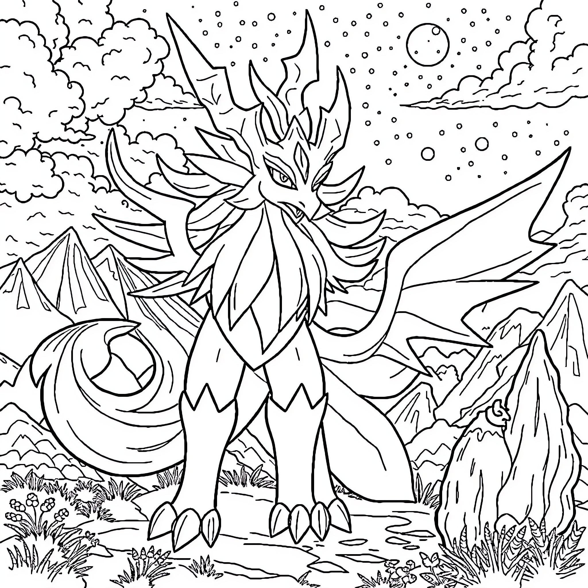 Eternatus Rises in Cosmic Landscape Coloring Page (free black-and-white line drawing printable PDF for all, from beginners to advanced learners, including children, teens, adults, and seniors)